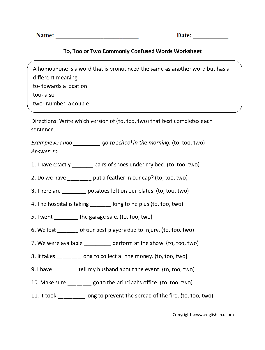 To, Two, Too Commonly Confused Words Worksheets