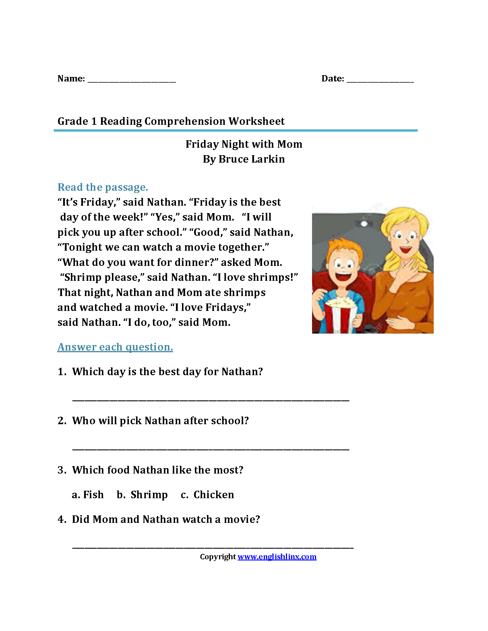 1st Reading Friday Night Mom - Kindergarten English Worksheets Pdf