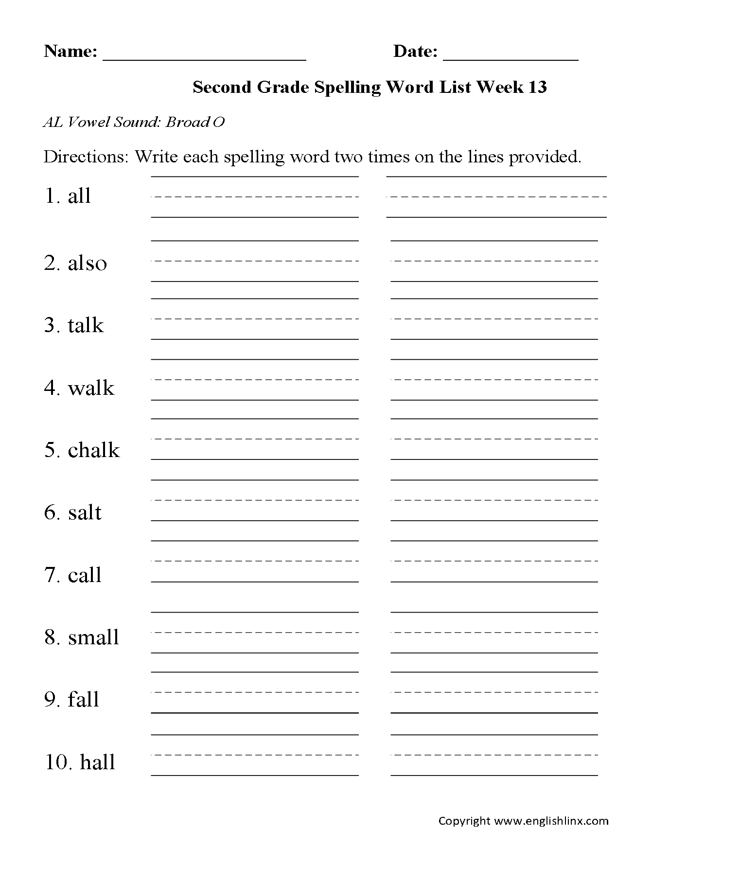 Week 13 AL Broad O Second Grade Spelling Words Worksheets