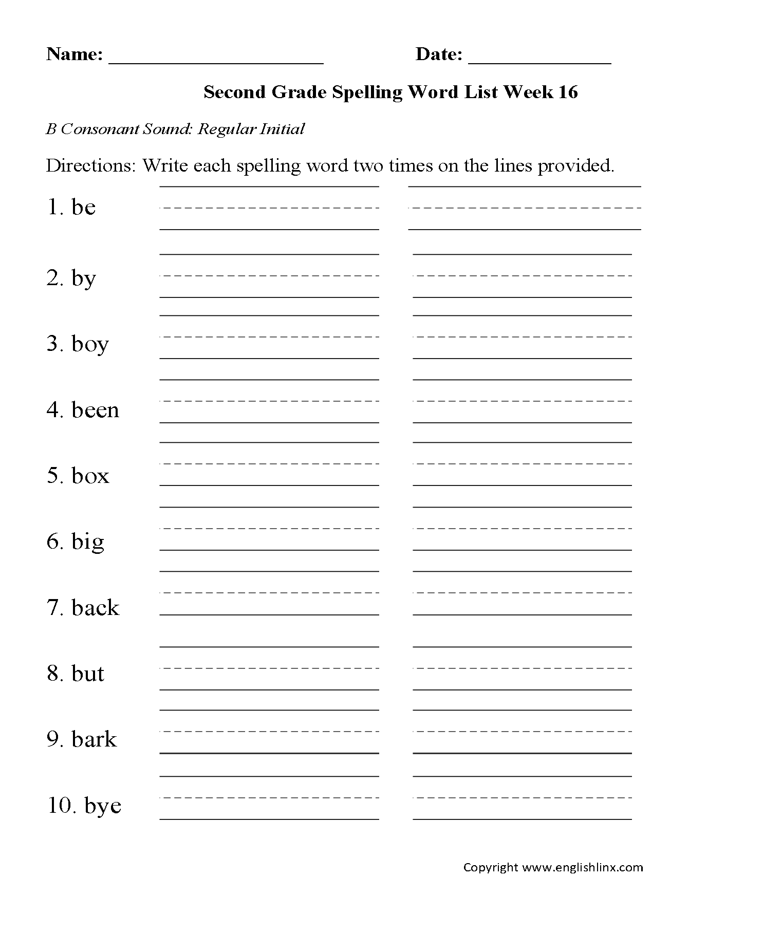 Week 16 B Consonant Second Grade Spelling Words Worksheets