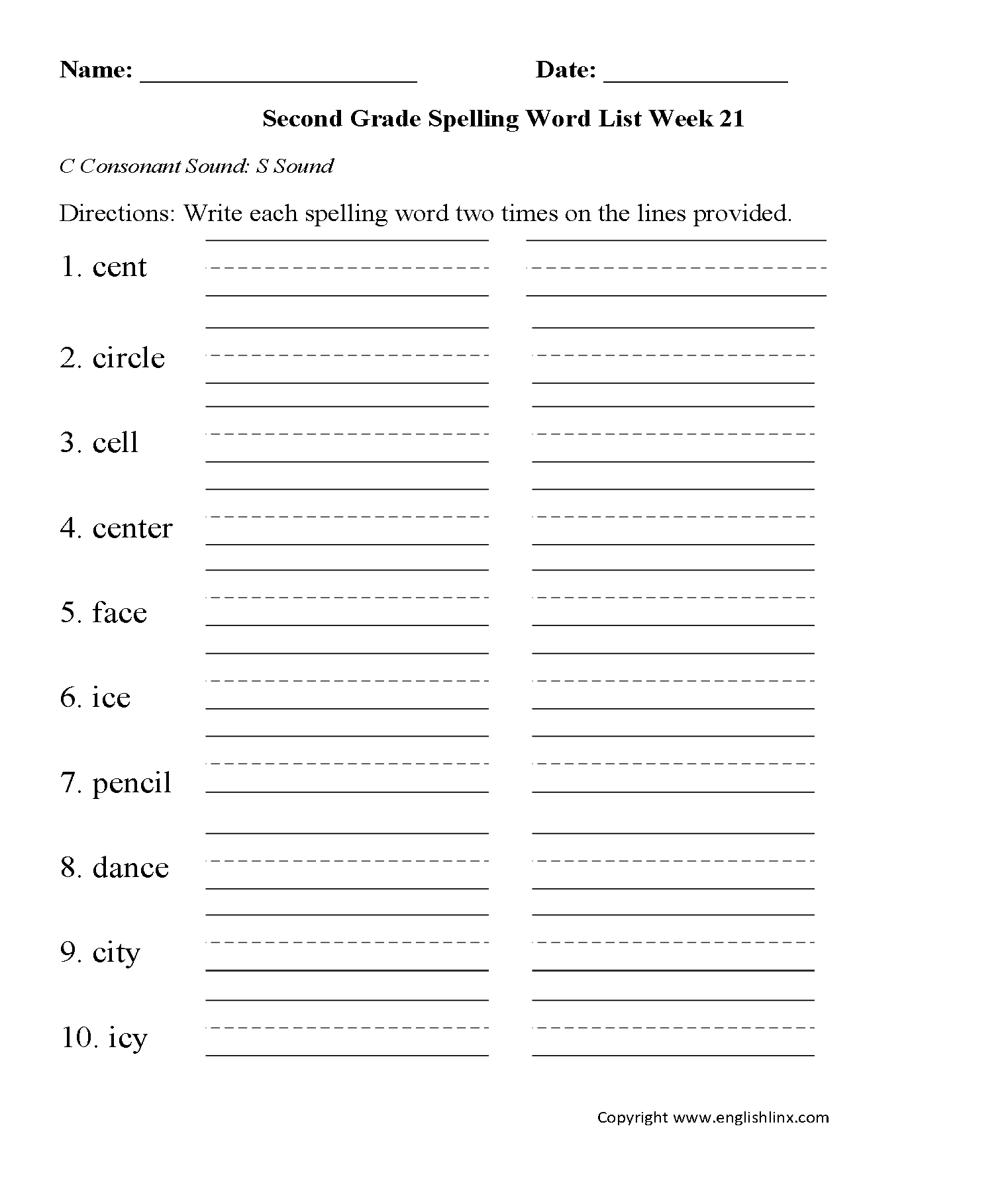 Week 21 C Consonant S Sound Second Grade Spelling Words Worksheets