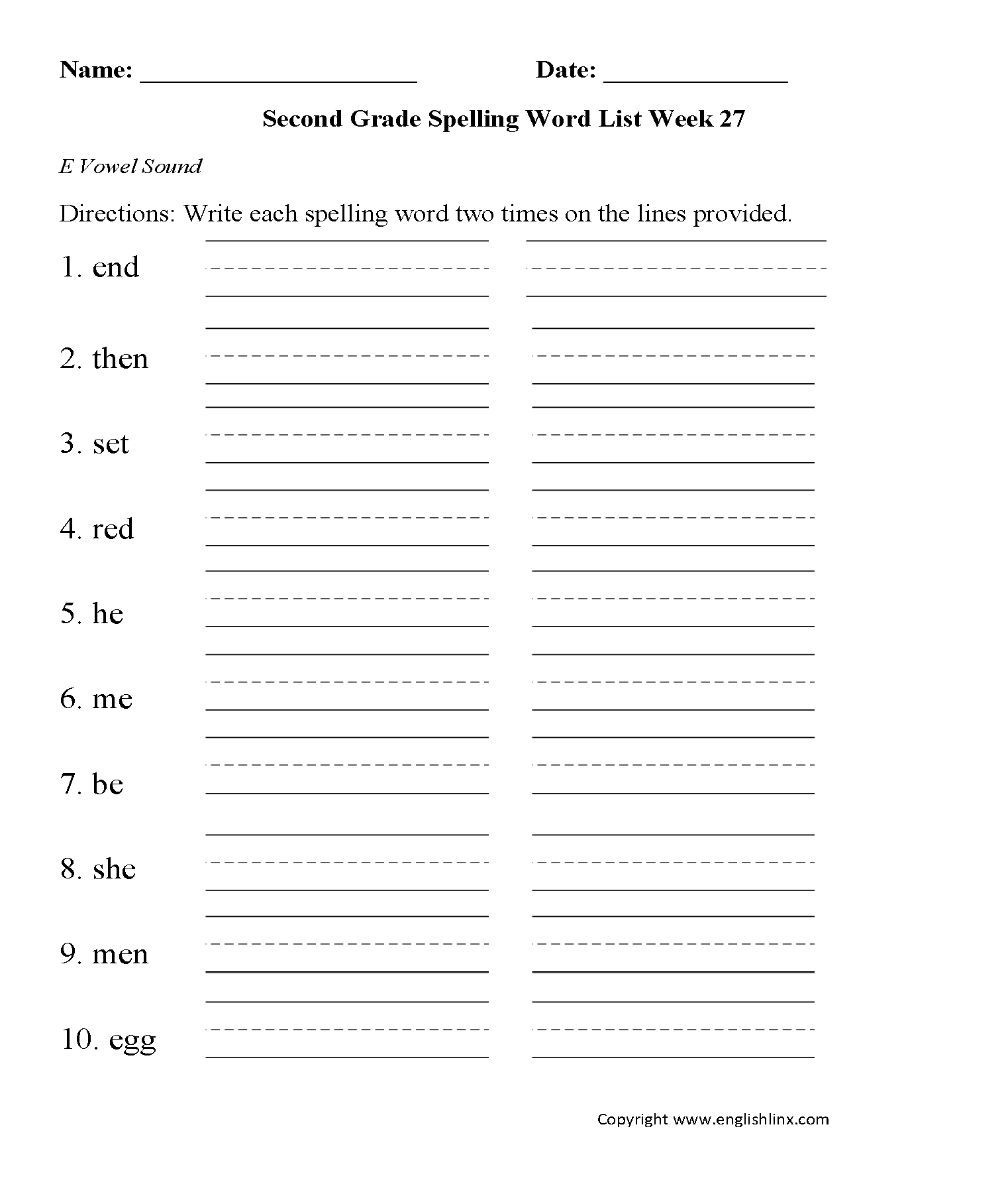Week 27 E Vowel Second Grade Spelling Words Worksheets
