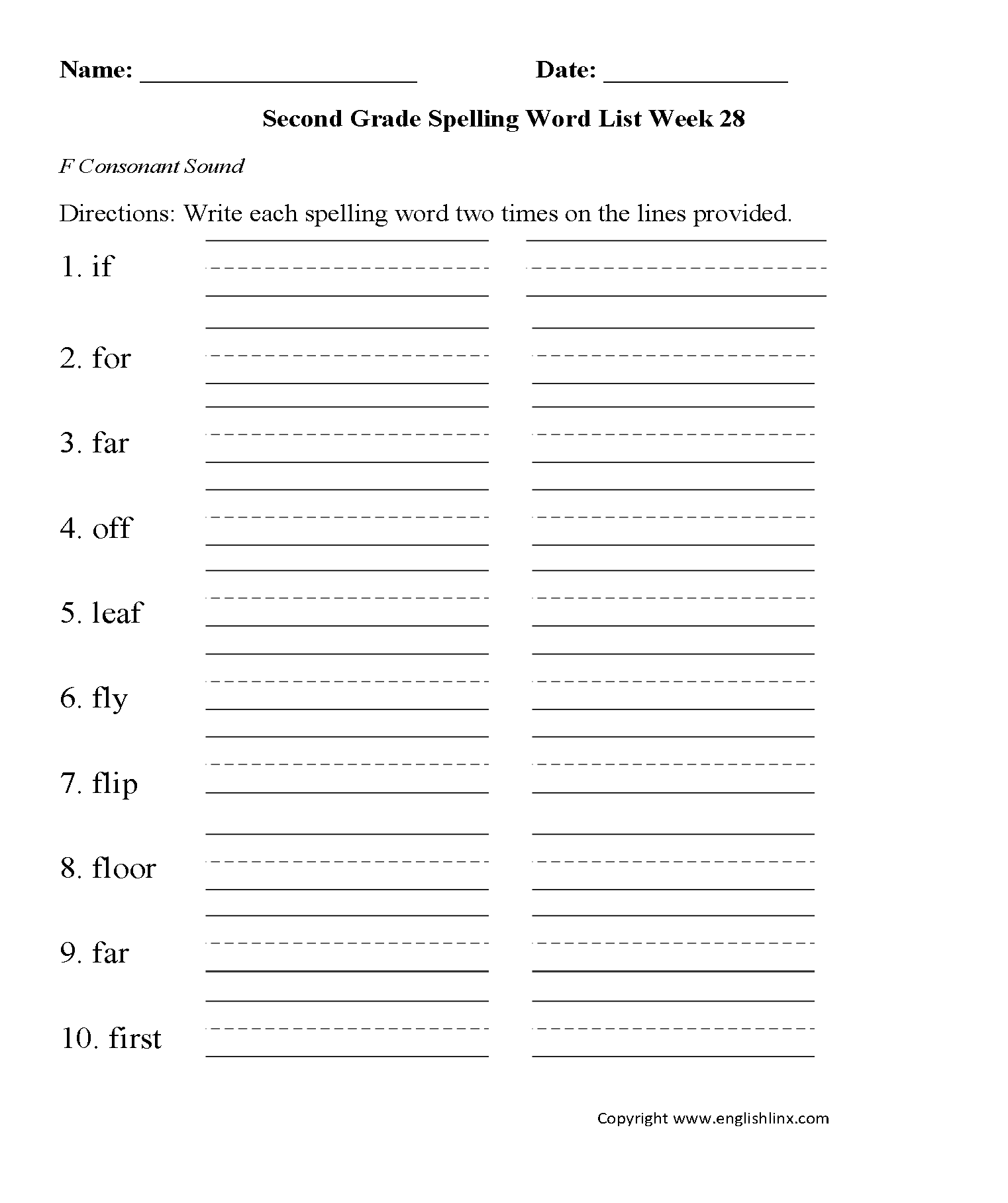 Week 28 F Consonant Second Grade Spelling Words Worksheets