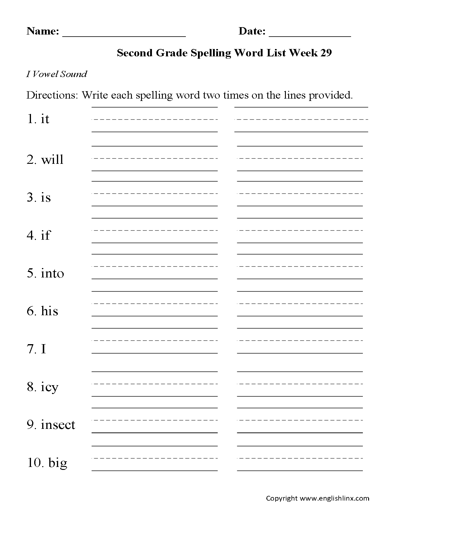 Week 29 I Vowel Second Grade Spelling Words Worksheets