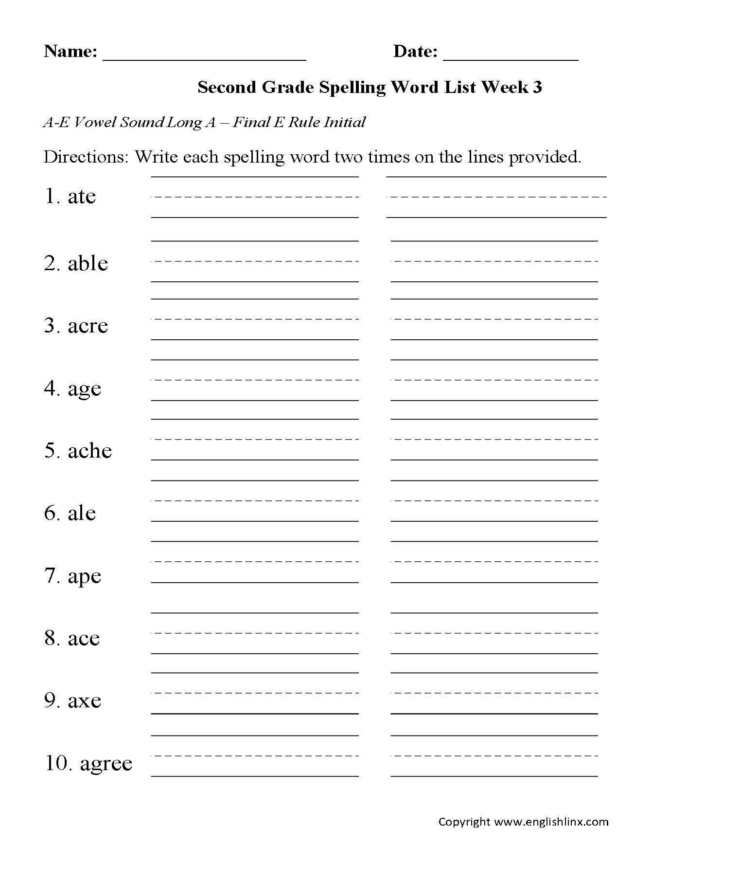 Week 3 Final Initial AE Vowel Second Grade Spelling Words Worksheets