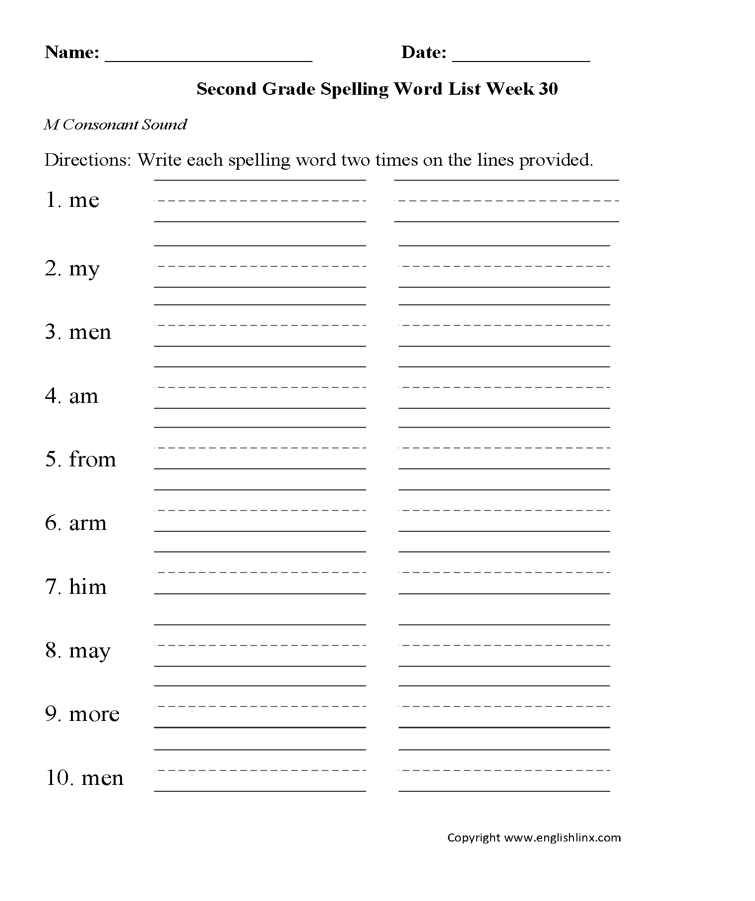 Week 30 M Consonant Second Grade Spelling Words Worksheets