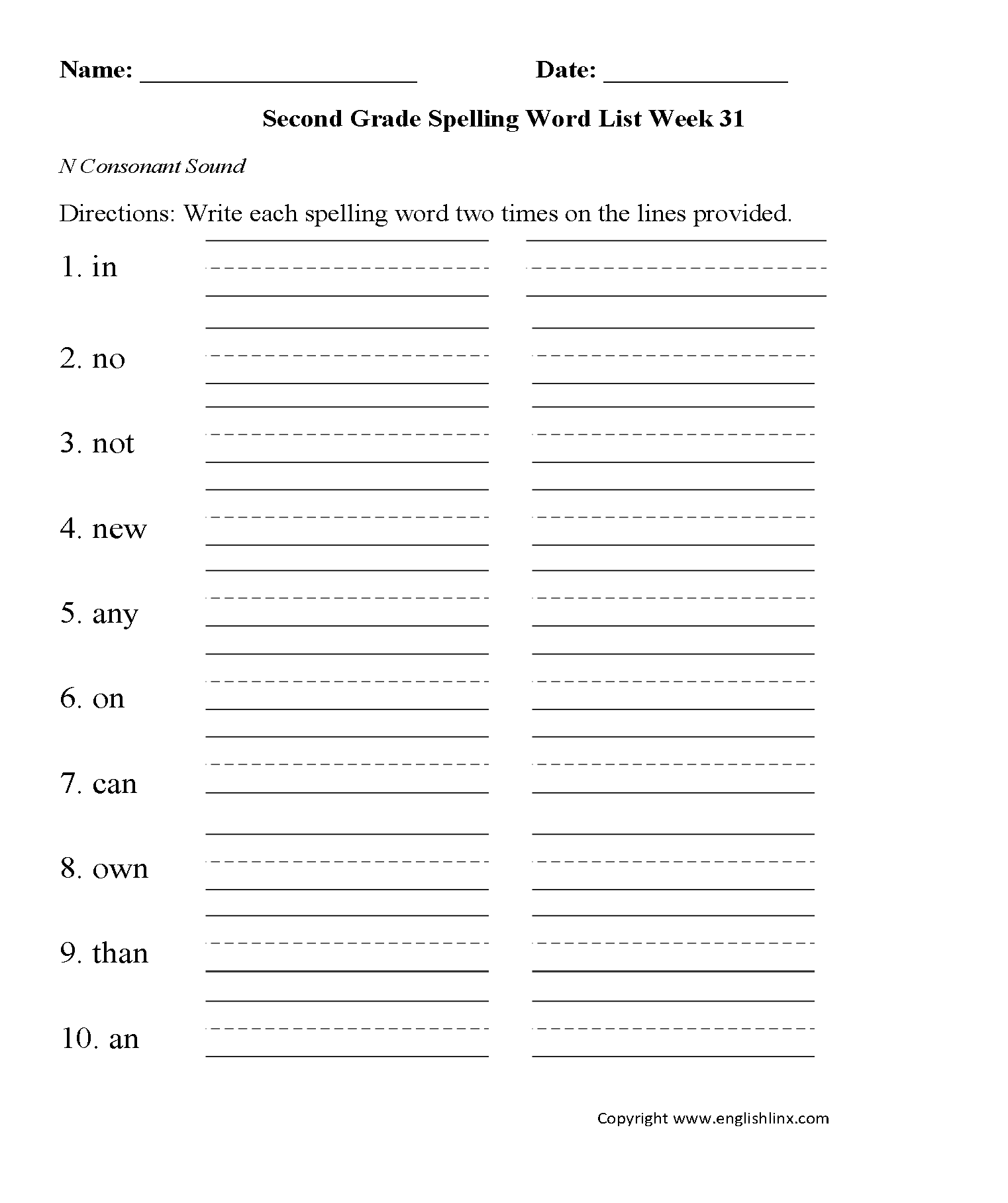 Week 31 N Consonant Second Grade Spelling Words Worksheets