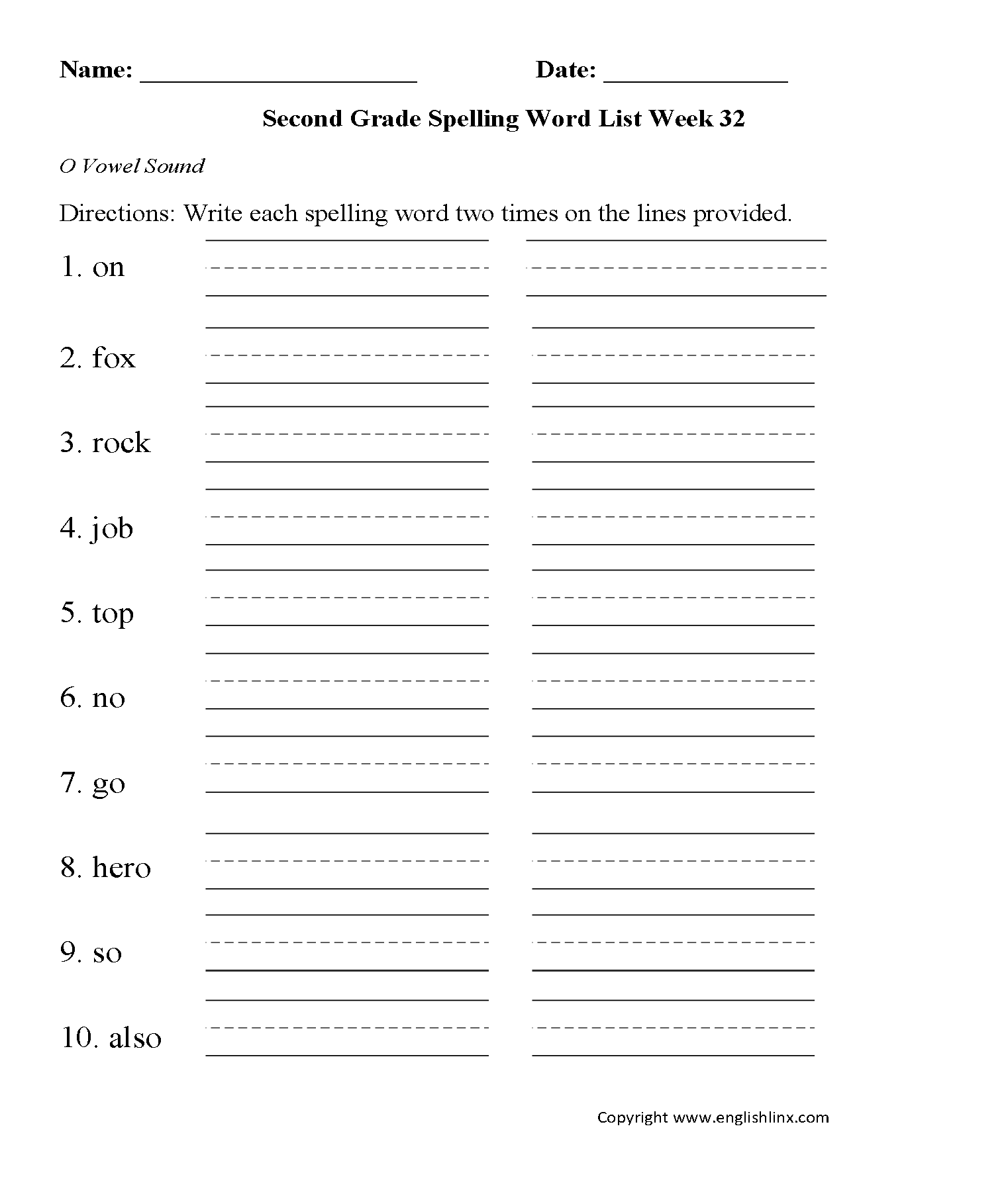Week 32 O Vowel Second Grade Spelling Words Worksheets