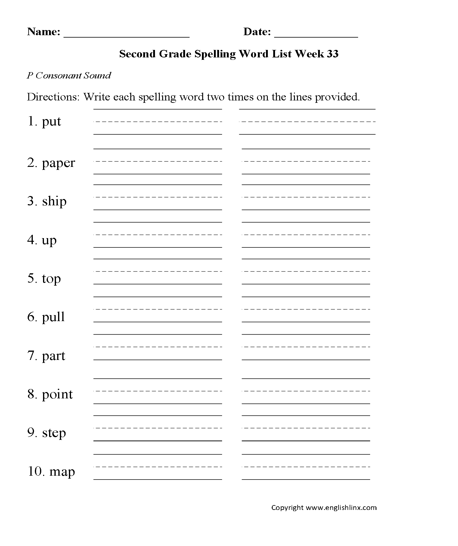 Week 33 P Consonant Second Grade Spelling Words Worksheets