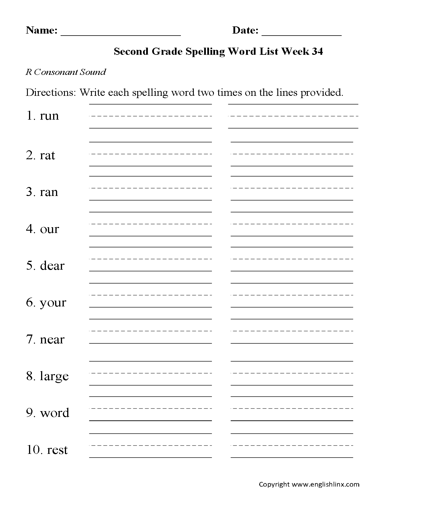 Week 34 R Consonant Second Grade Spelling Words Worksheets