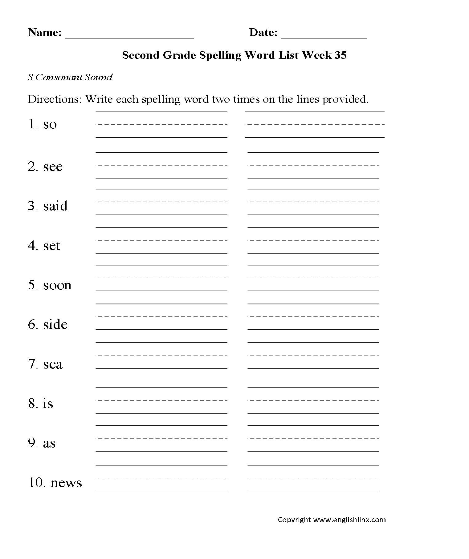 Week 35 S Consonant Second Grade Spelling Words Worksheets