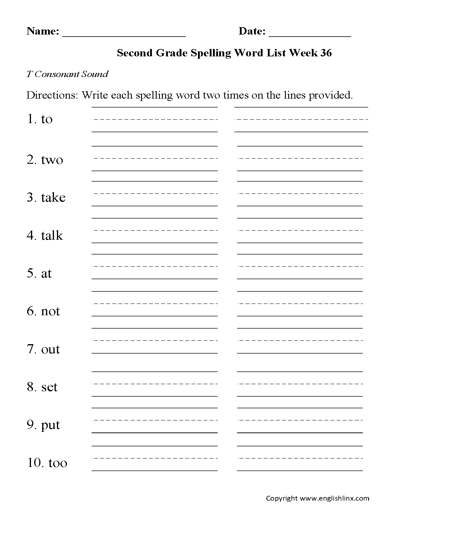 Week 36 T Consonant Second Grade Spelling Words Worksheets