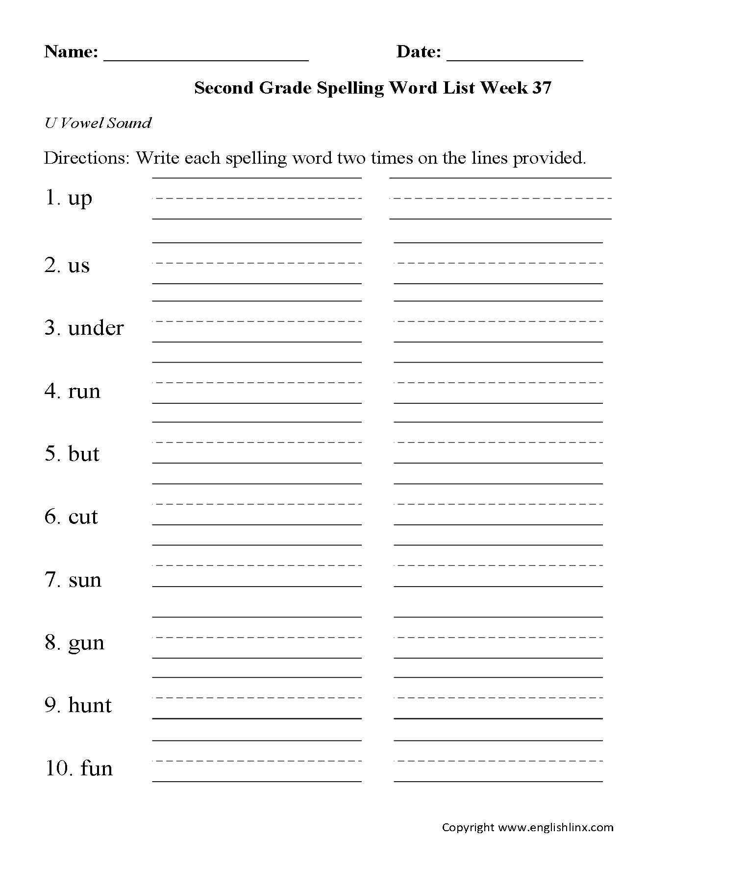 Week 37 U Vowel Second Grade Spelling Words Worksheets