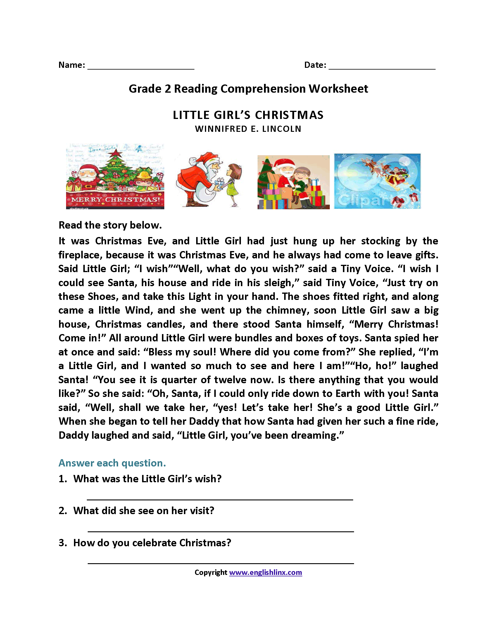 Little Girl's Christmas Second Grade Reading Worksheets