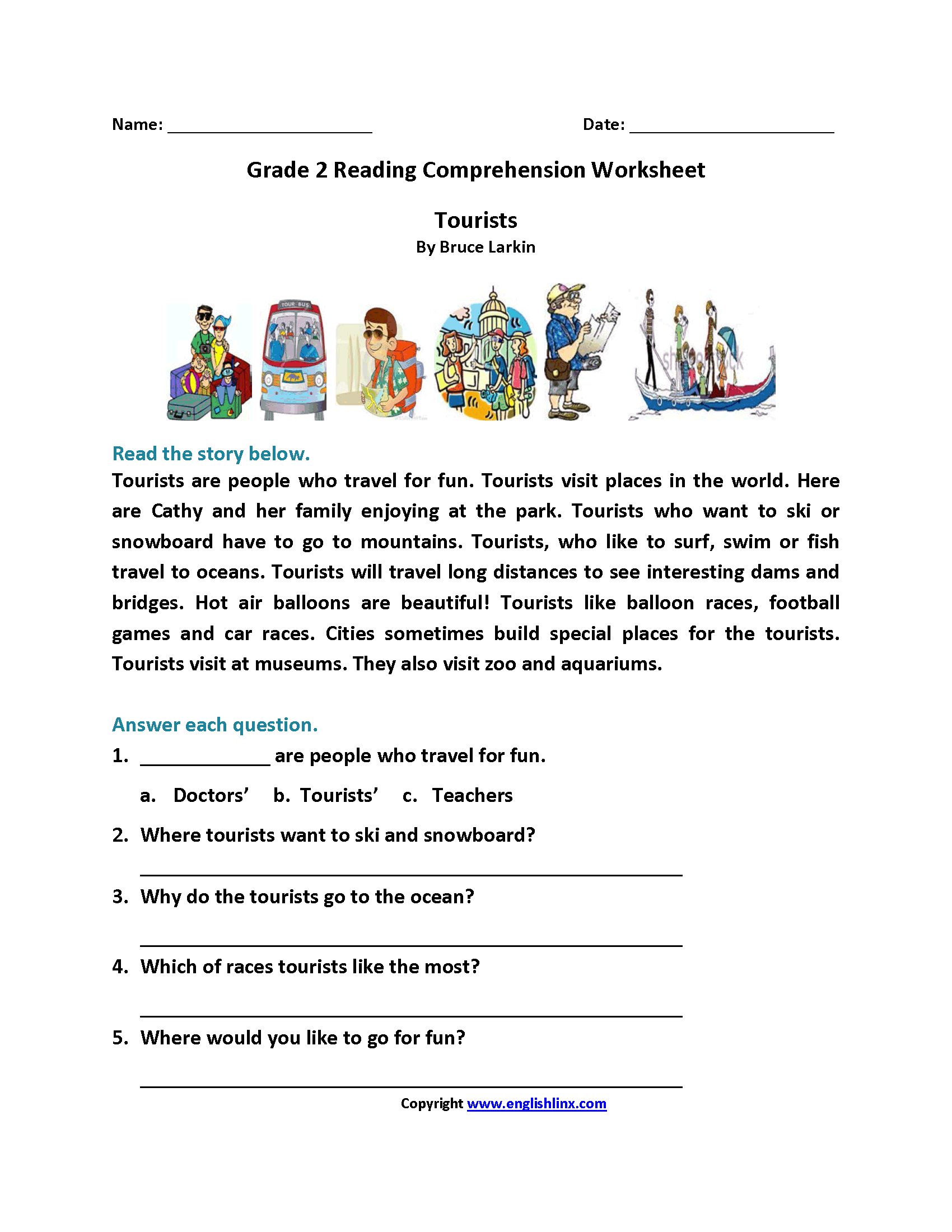 Tourists Second Grade Reading Worksheets