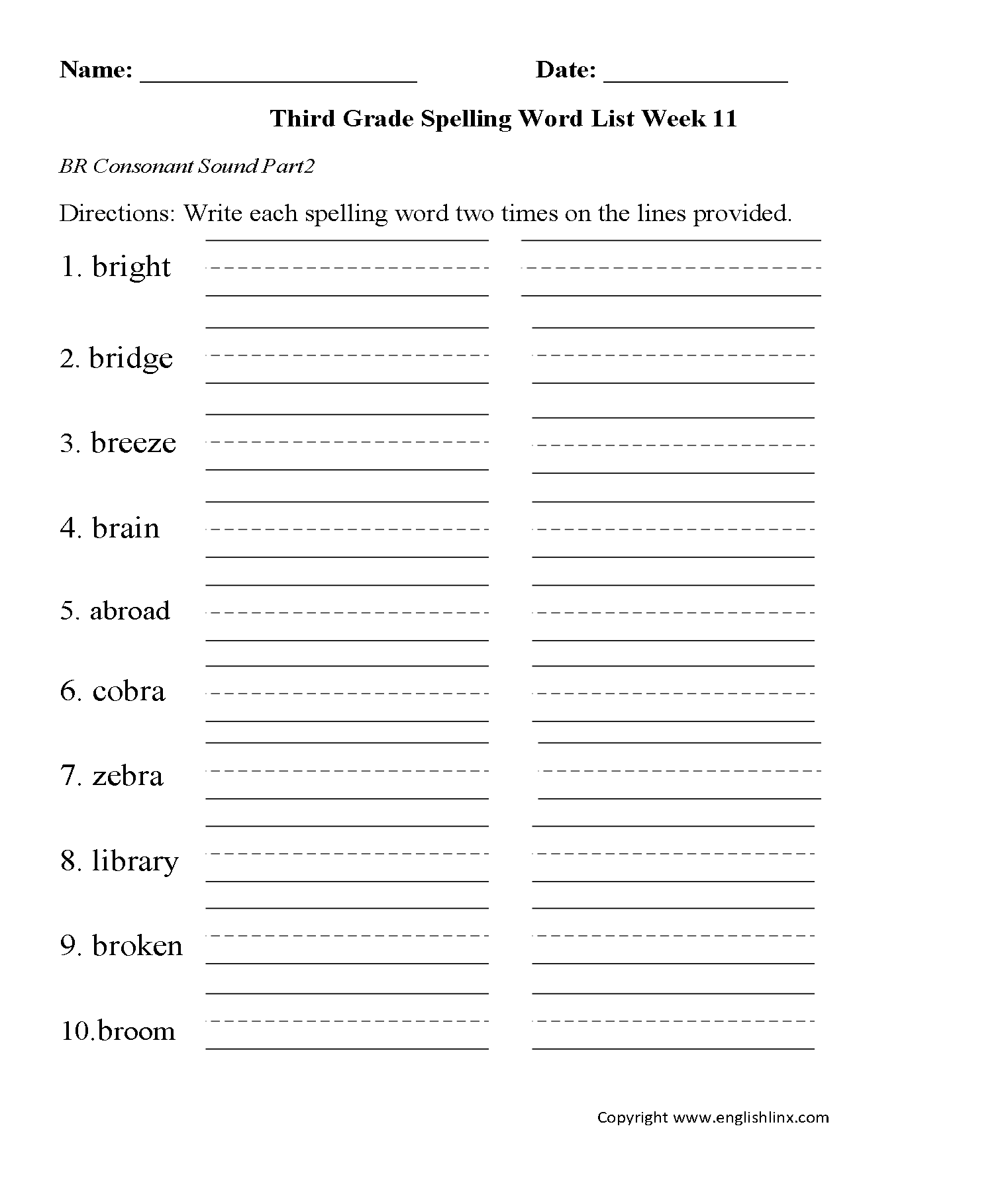 Week 11 BR Consonant Part 2 Third Grade Spelling Words Worksheets