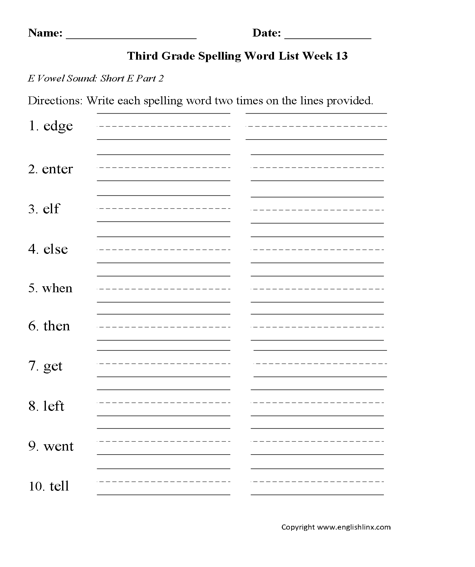 Week 13 Short E Vowel Third Grade Spelling Words Worksheets