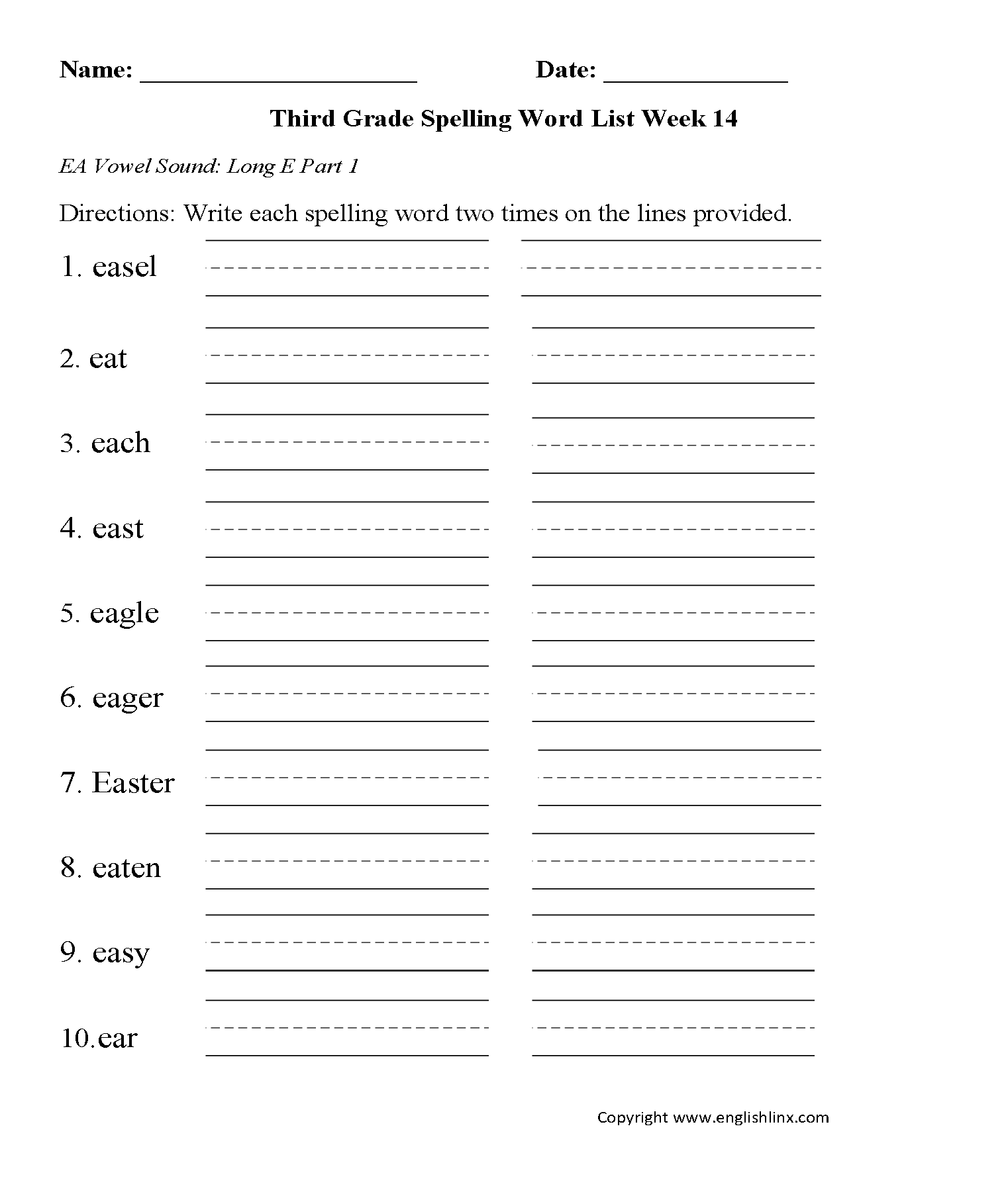 Week 14 Long EA Vowel Part 1 Third Grade Spelling Words Worksheets