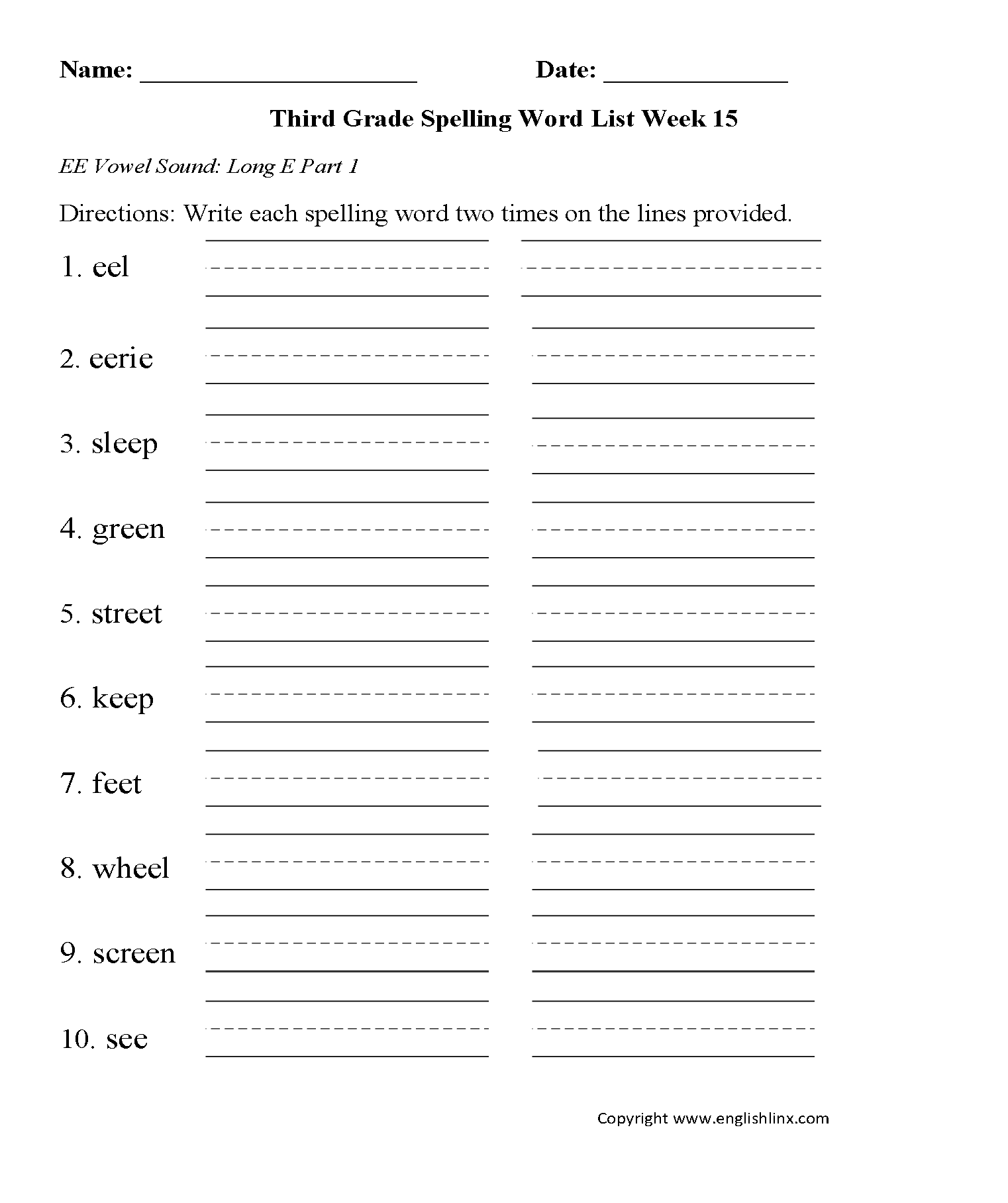 Week 15 Long EE Vowel Part 1 Third Grade Spelling Words Worksheets