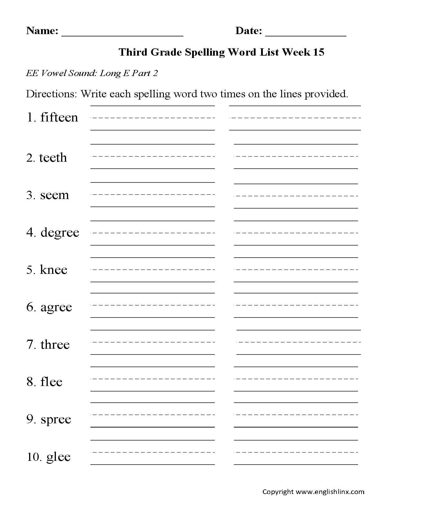 Week 15 Long EE Vowel Part 2 Third Grade Spelling Words Worksheets