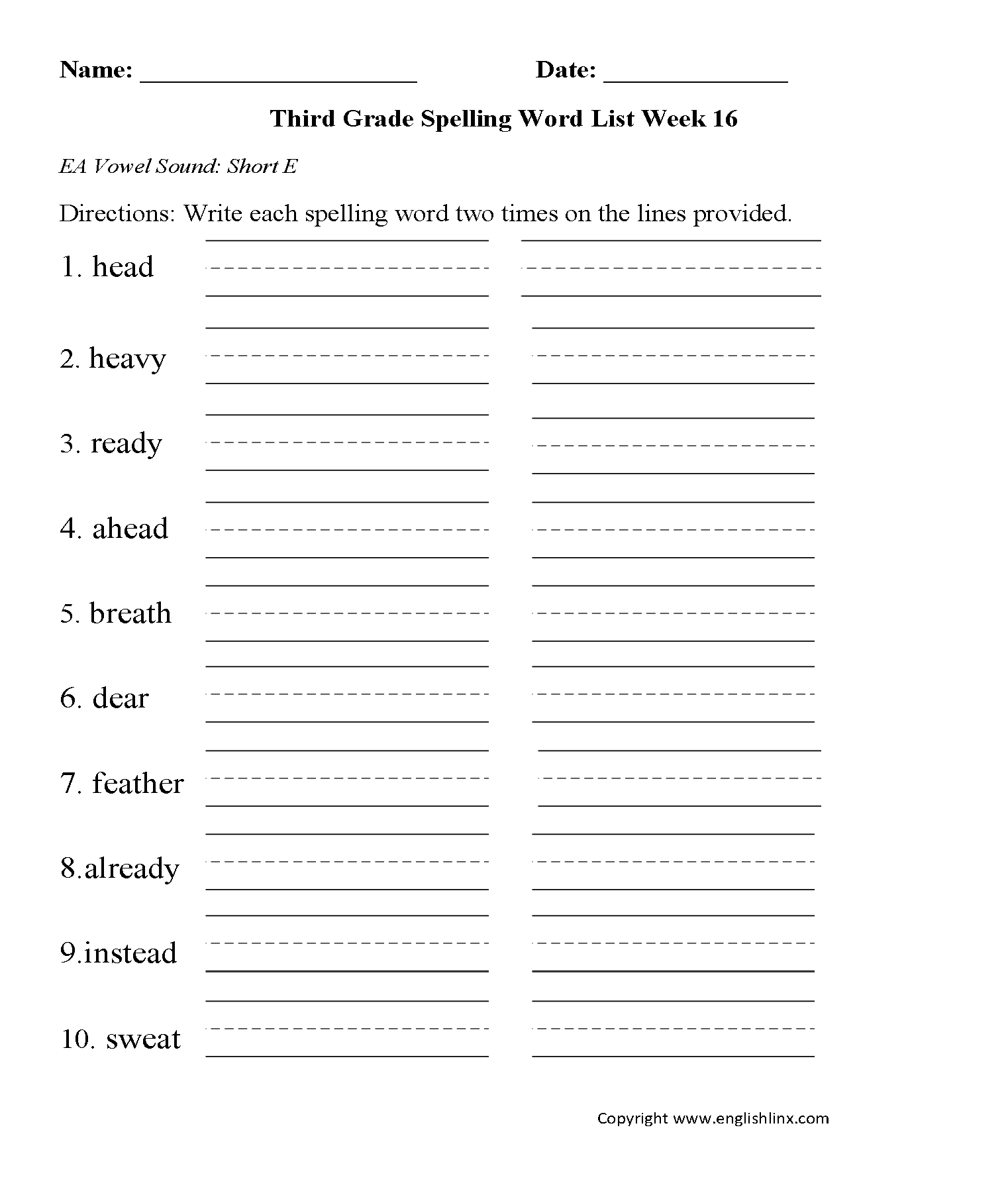 Week 16 Short EA Vowel Third Grade Spelling Words Worksheets