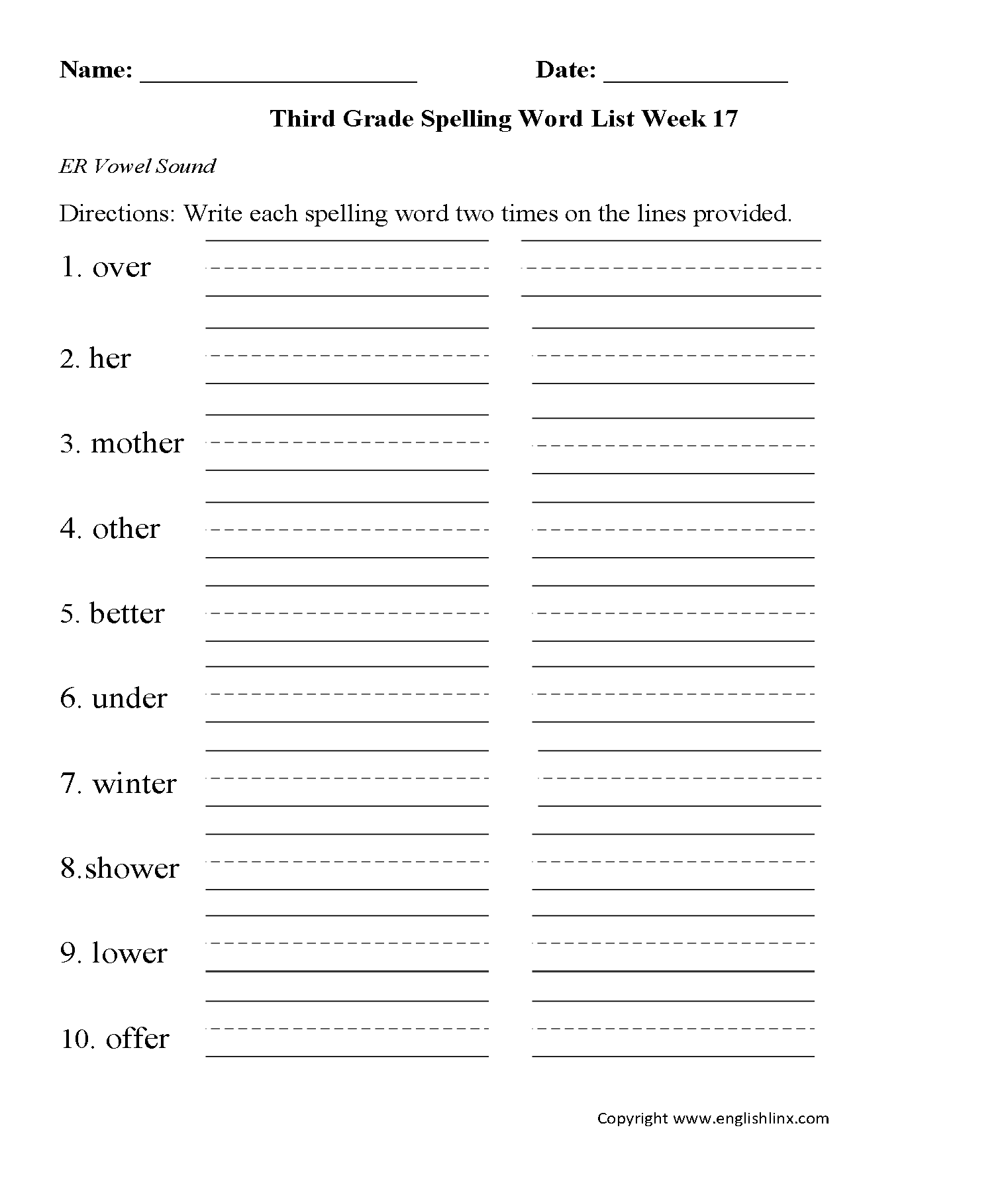 Week 17 ER Vowel Third Grade Spelling Words Worksheets