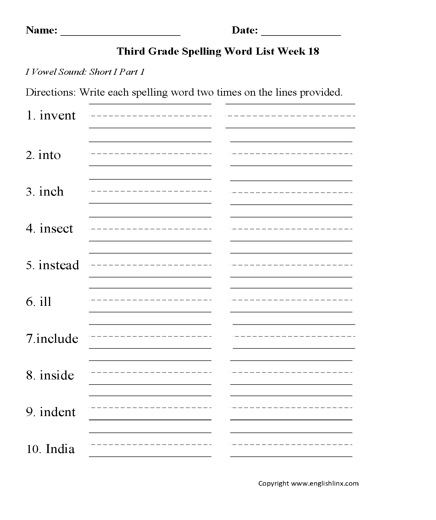 Week 18 Short I Vowel Third Grade Spelling Words Worksheets