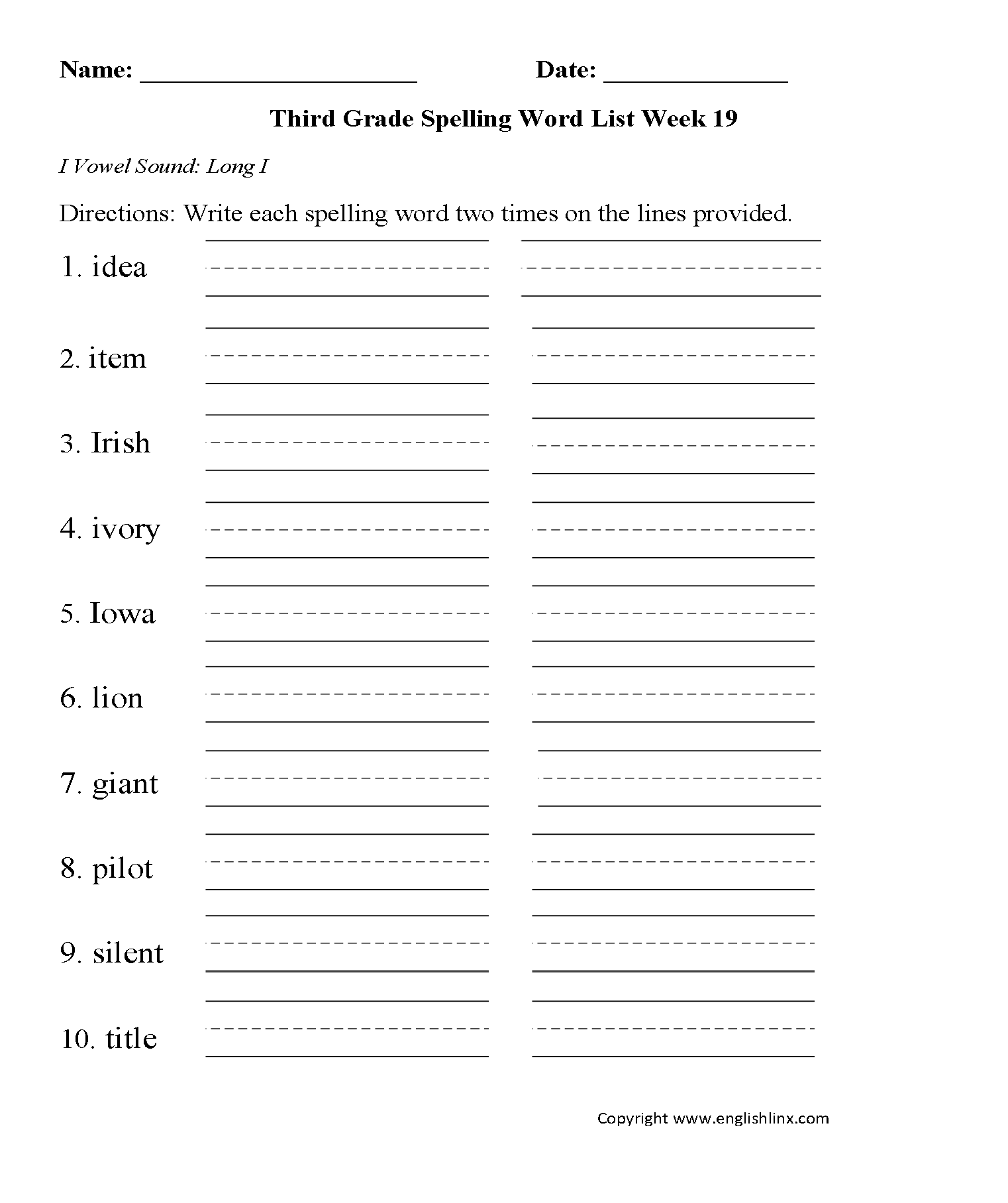 Week 19 Long I Vowel Third Grade Spelling Words Worksheets