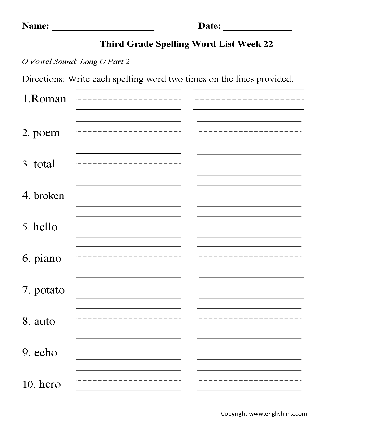 Week 22 Long O Vowel Part 2 Third Grade Spelling Words Worksheets