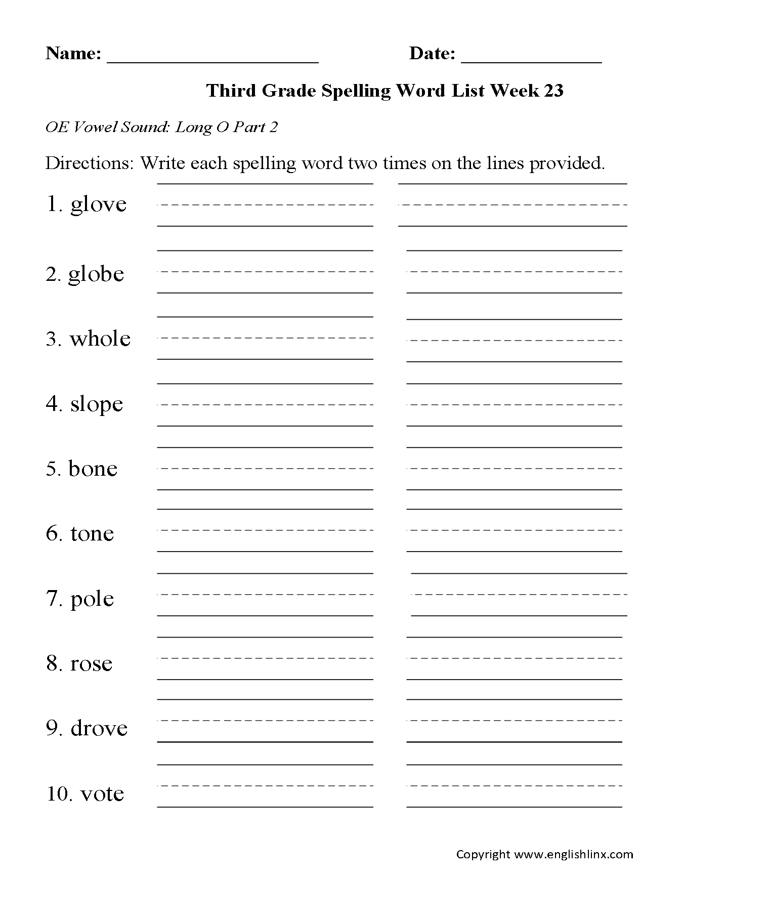 Week 21 Long OE Vowel Part 2 Third Grade Spelling Words Worksheets