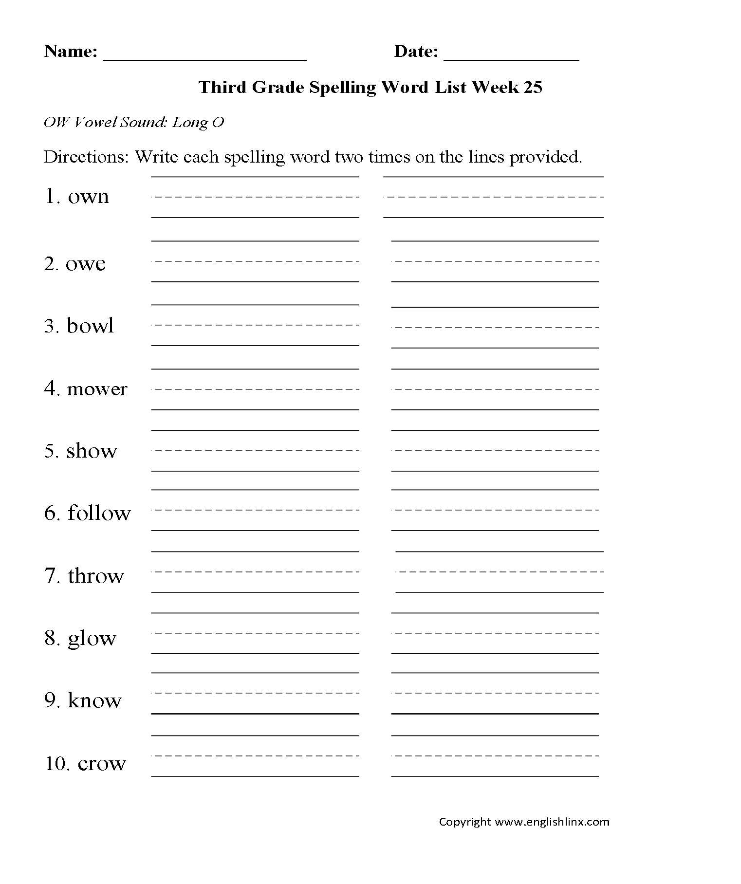 Week 25 OW Vowel Third Grade Spelling Words Worksheets