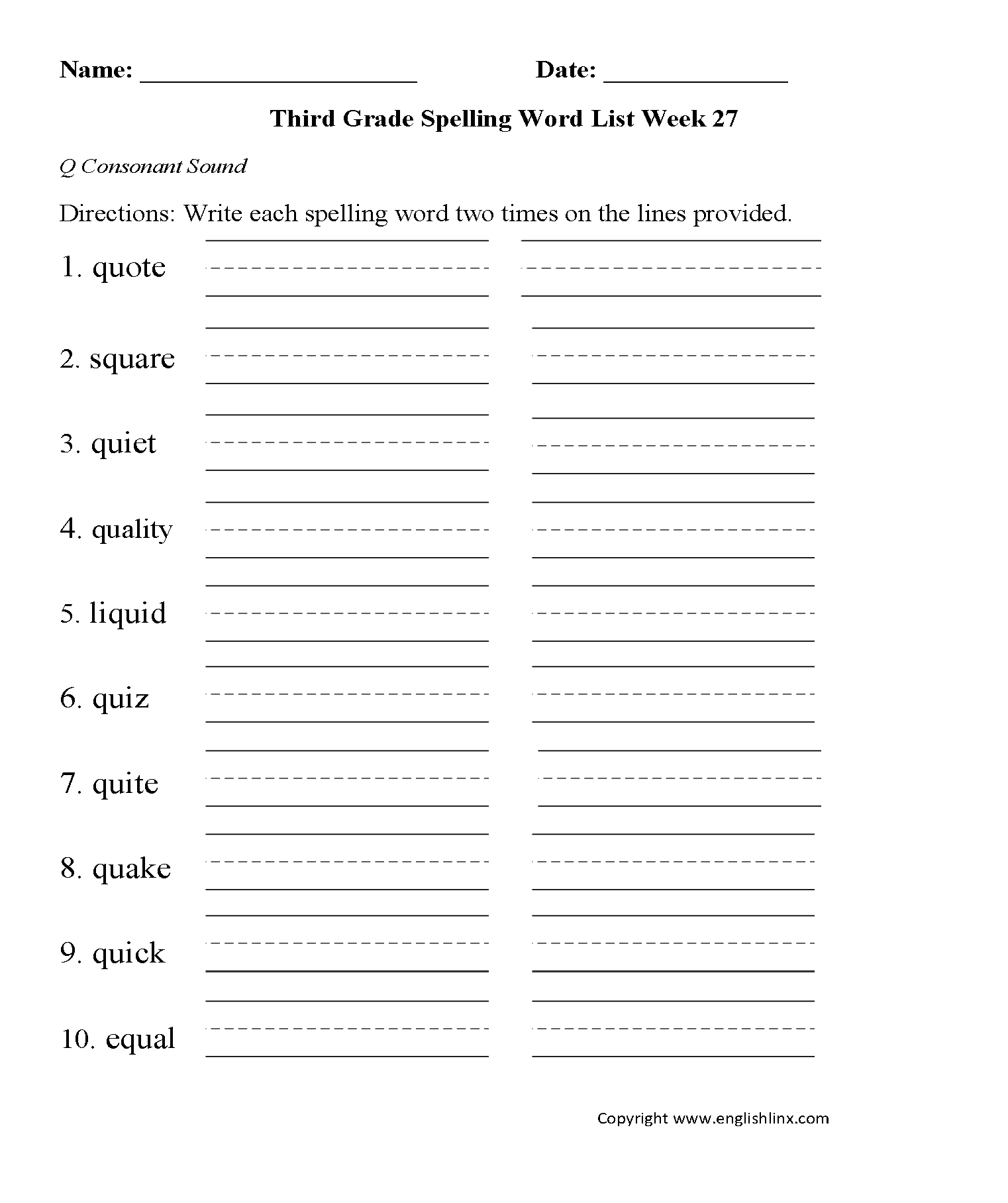Week 27 Q Consonant Third Grade Spelling Words Worksheets