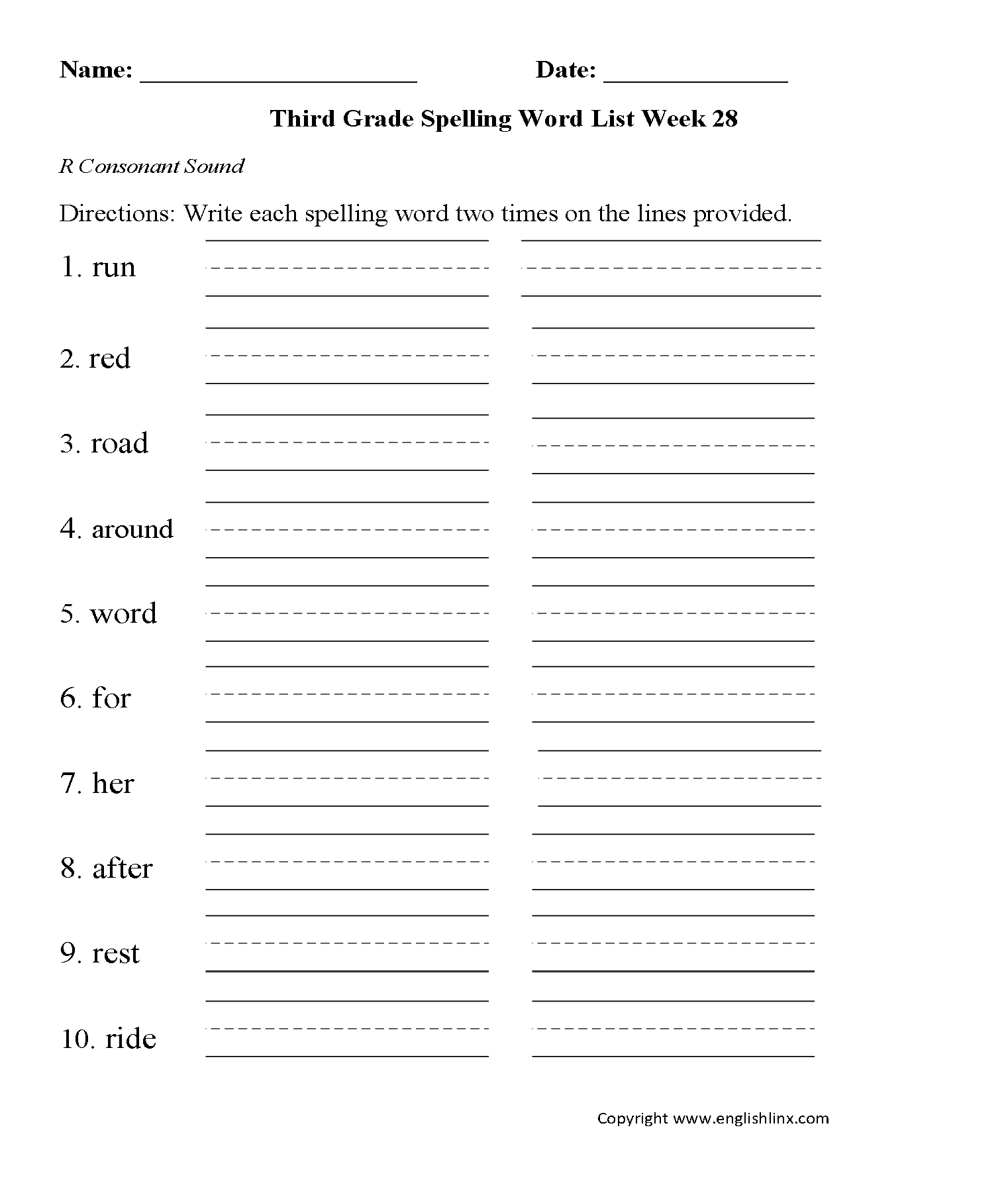 Week 28 R Consonant Third Grade Spelling Words Worksheets