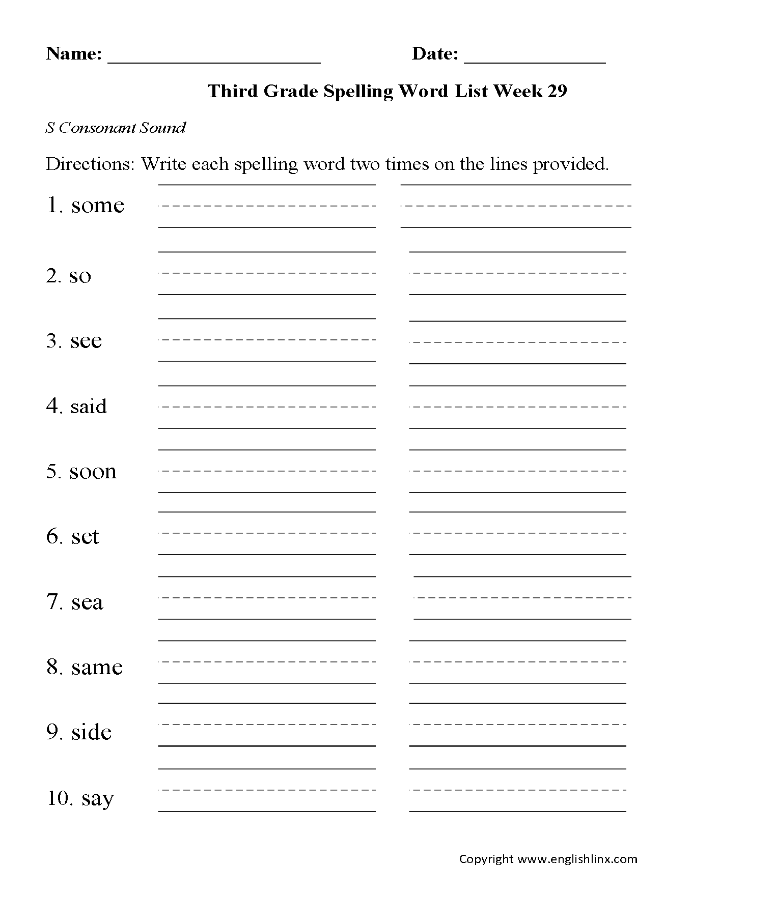 Week 29 S Consonant Third Grade Spelling Words Worksheets