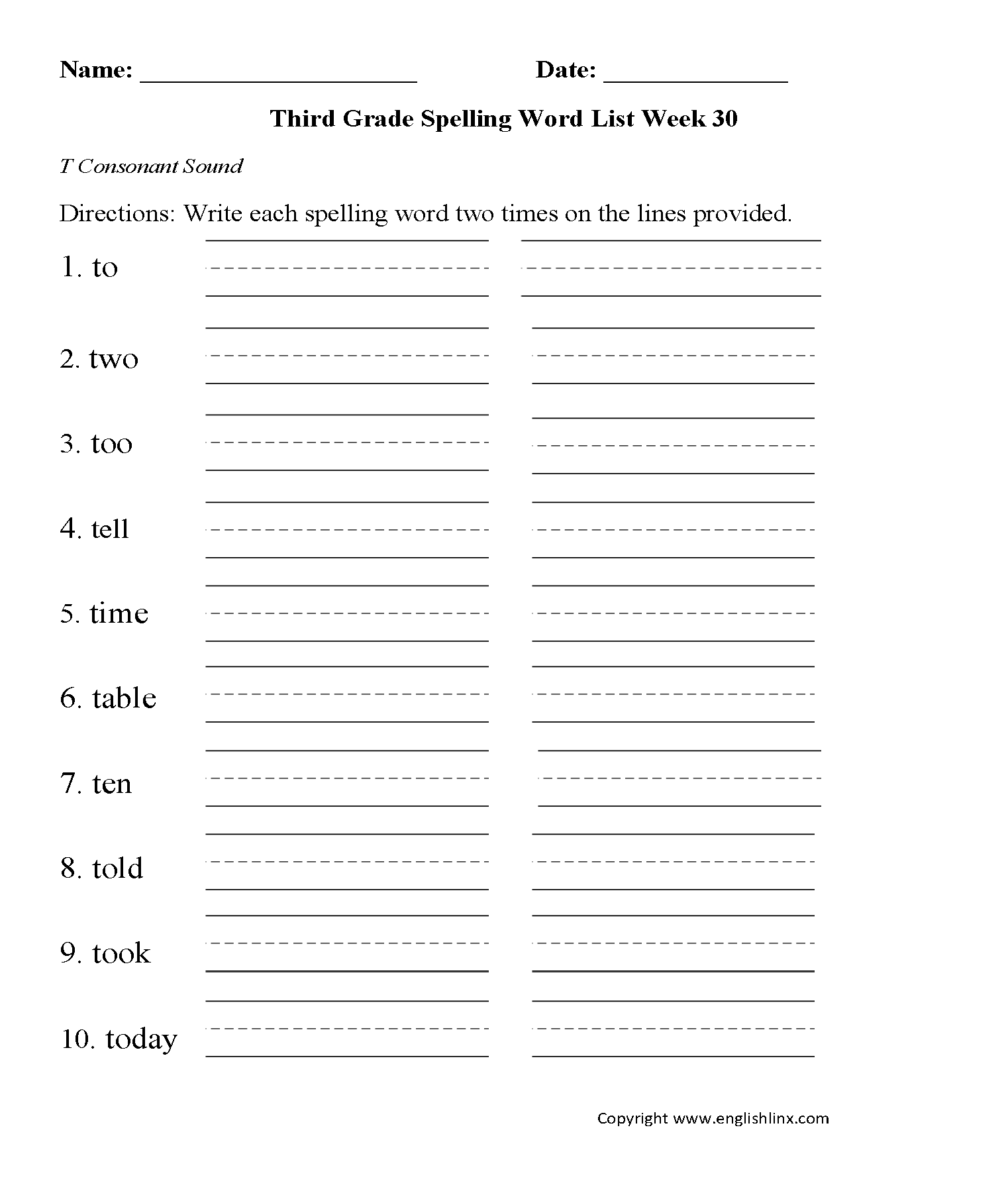 Week 30 T Consonant Third Grade Spelling Words Worksheets