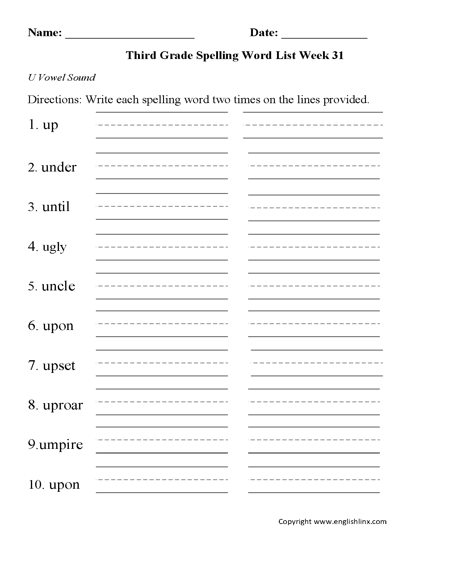 Week 31 U Vowel Third Grade Spelling Words Worksheets