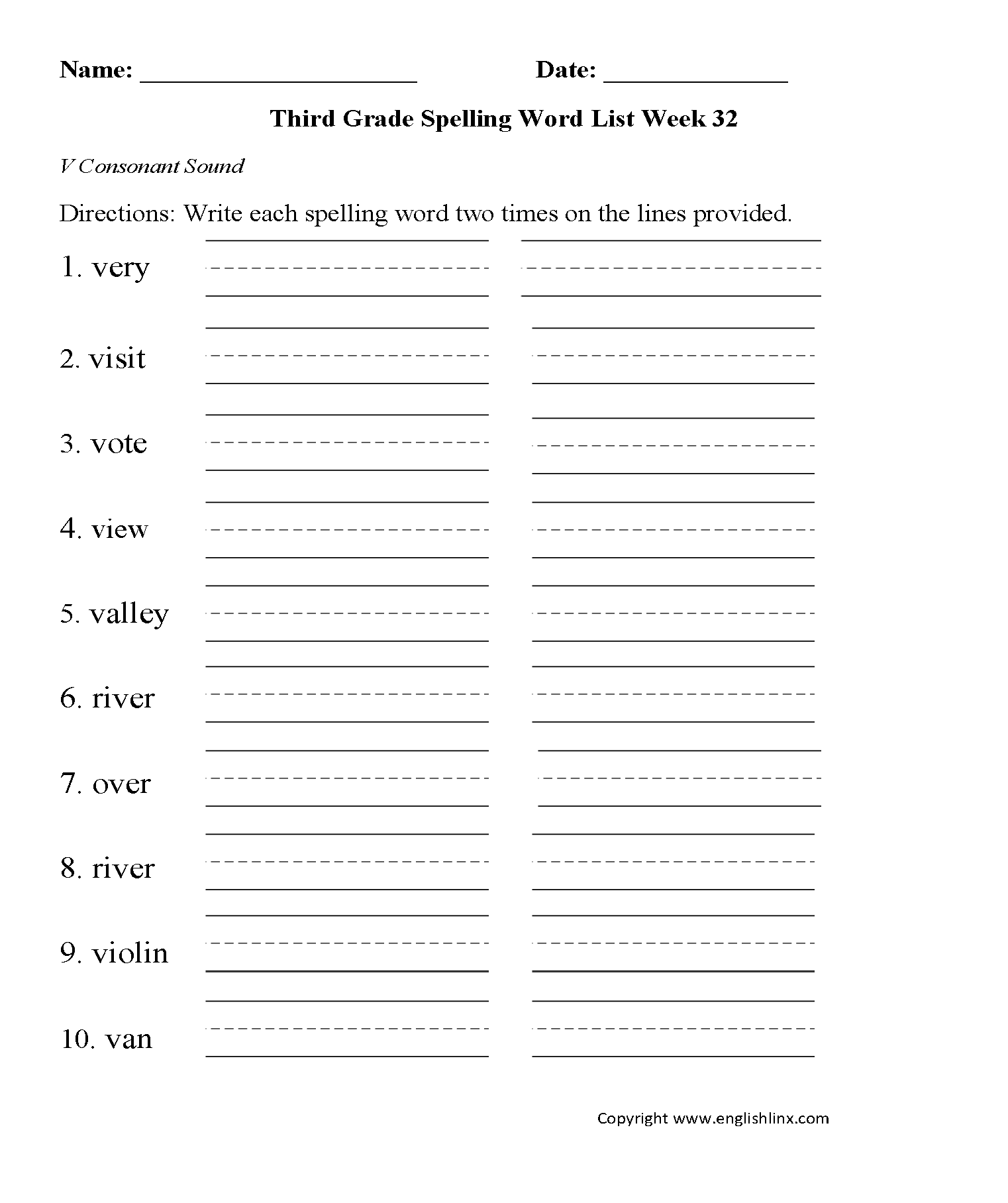 Week 32 V Consonant Third Grade Spelling Words Worksheets
