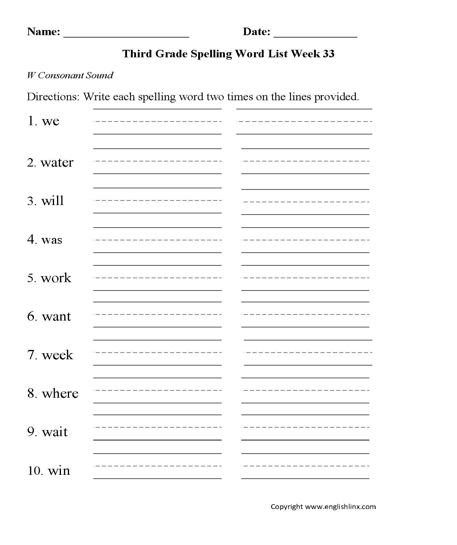 Week 33 W Consonant Third Grade Spelling Words Worksheets