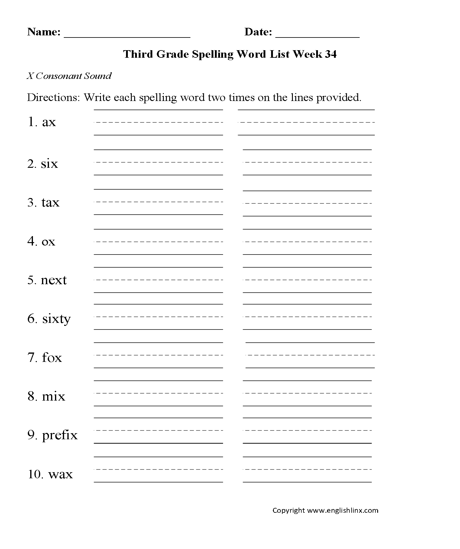 Week 34 X Consonant Third Grade Spelling Words Worksheets