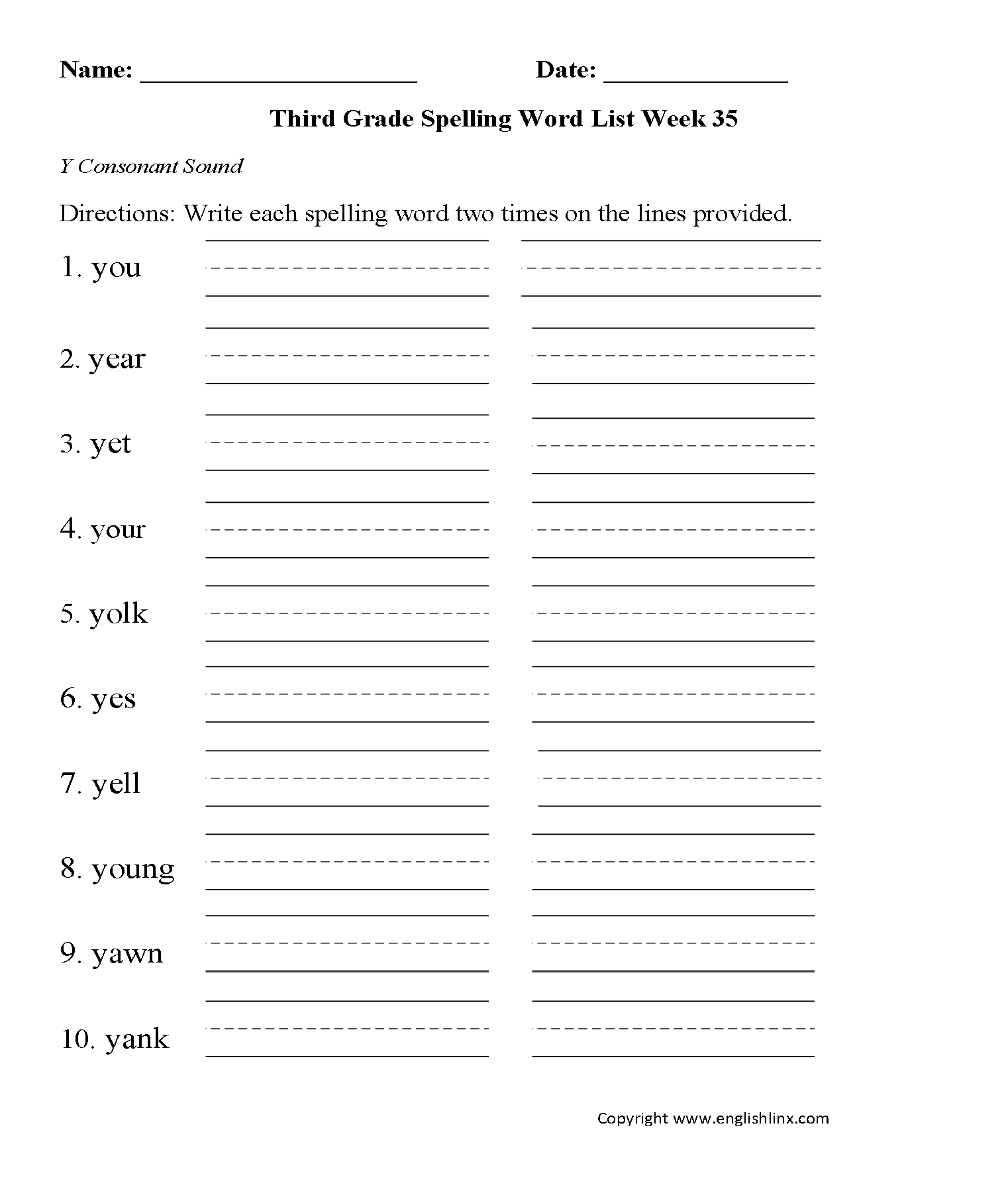 Week 35 Y Consonant Third Grade Spelling Words Worksheets
