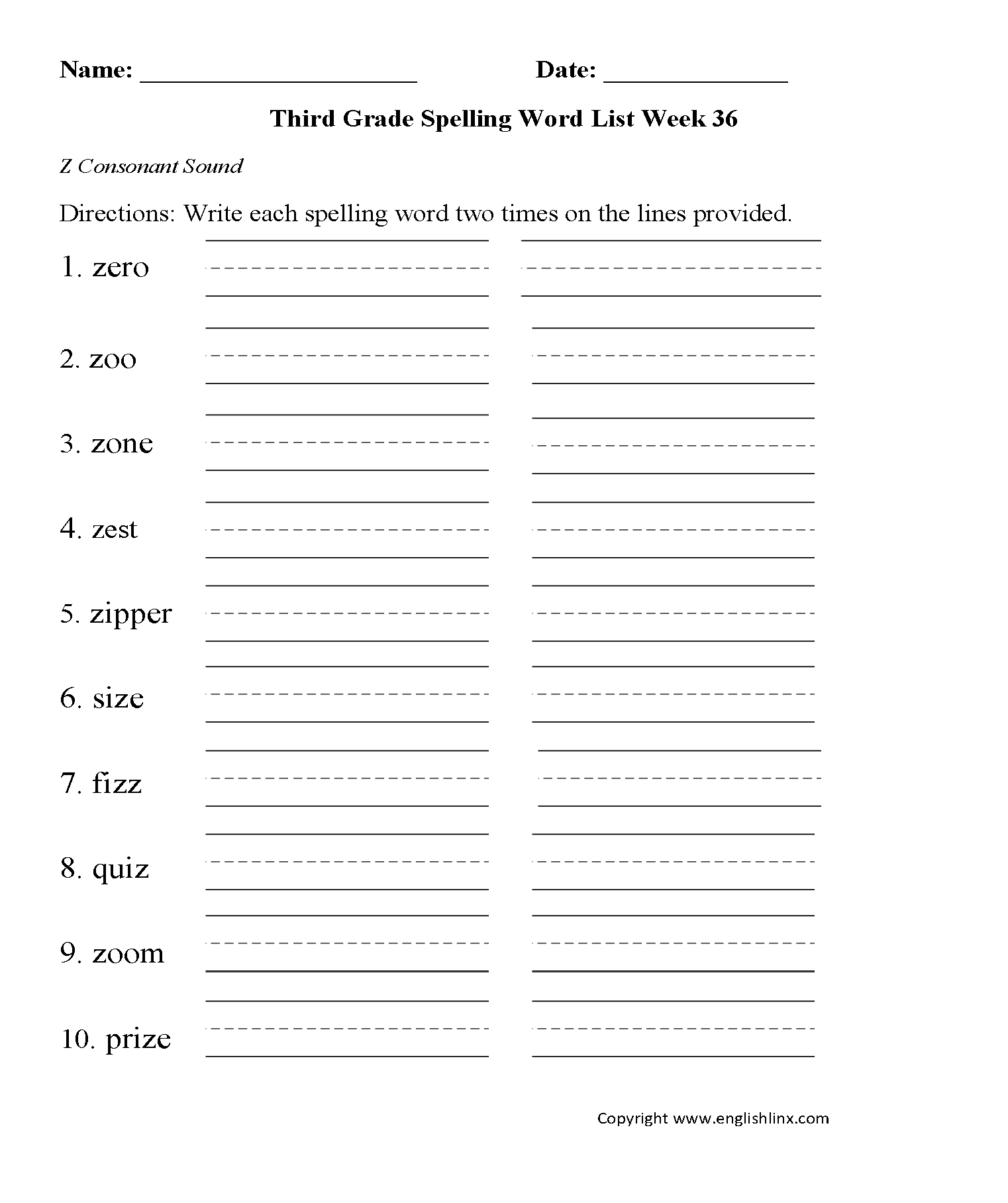 Week 36 Z Consonant Third Grade Spelling Words Worksheets