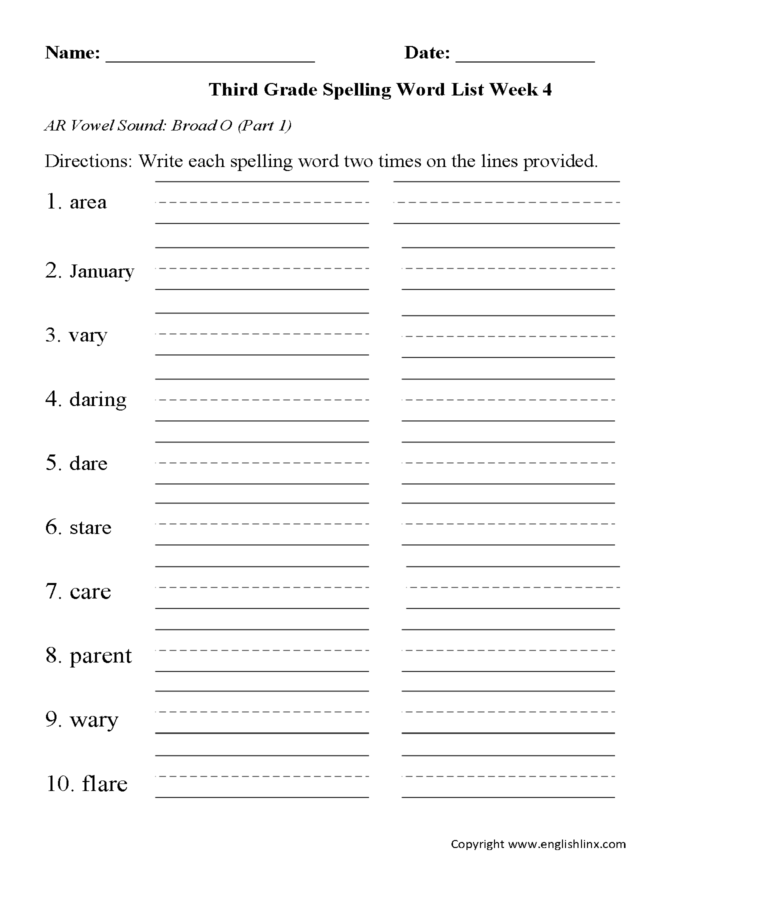Week 4 AR Vowel Part 2 Third Grade Spelling Words Worksheets
