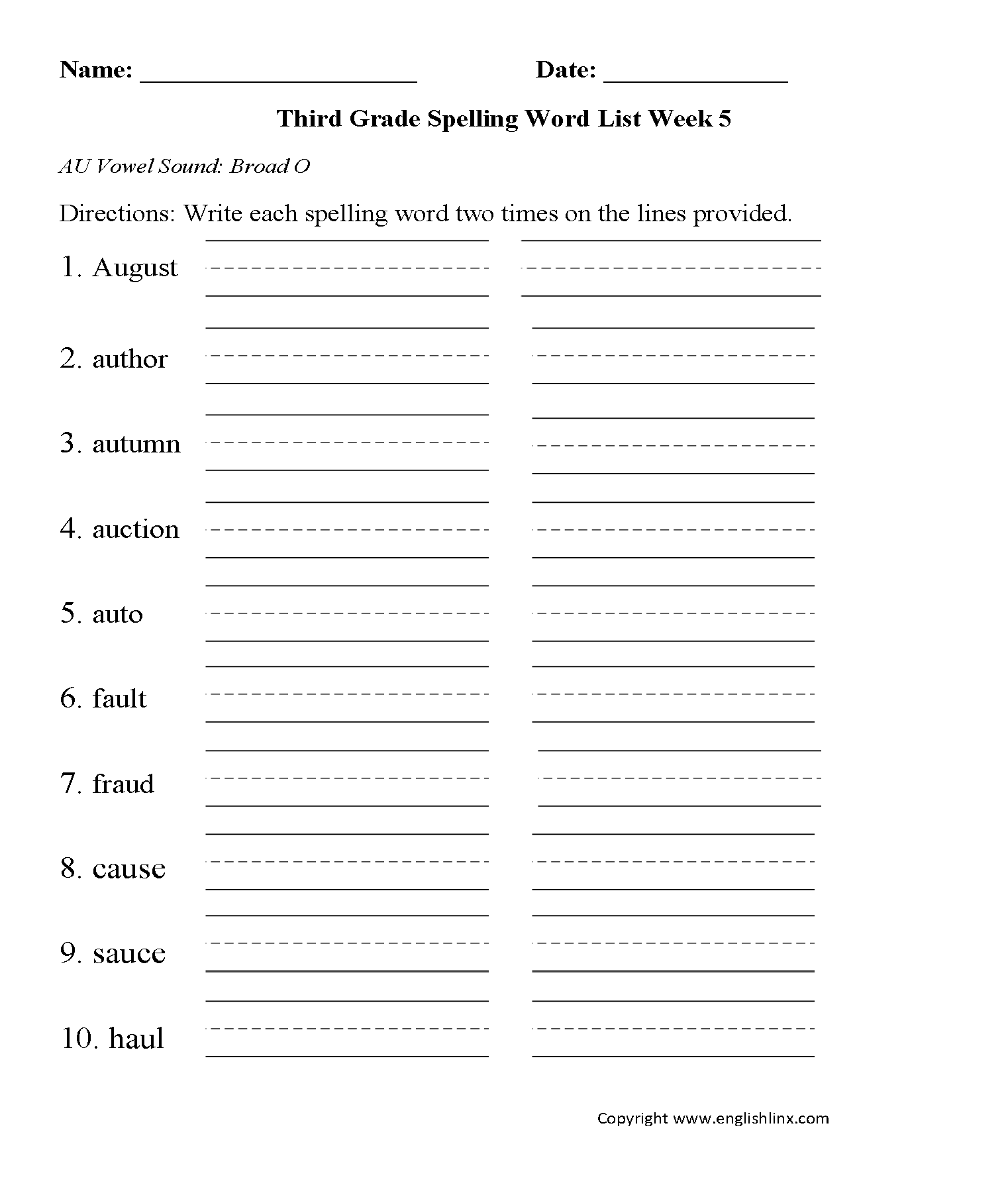 Week 5 AU Vowel Third Grade Spelling Words Worksheets