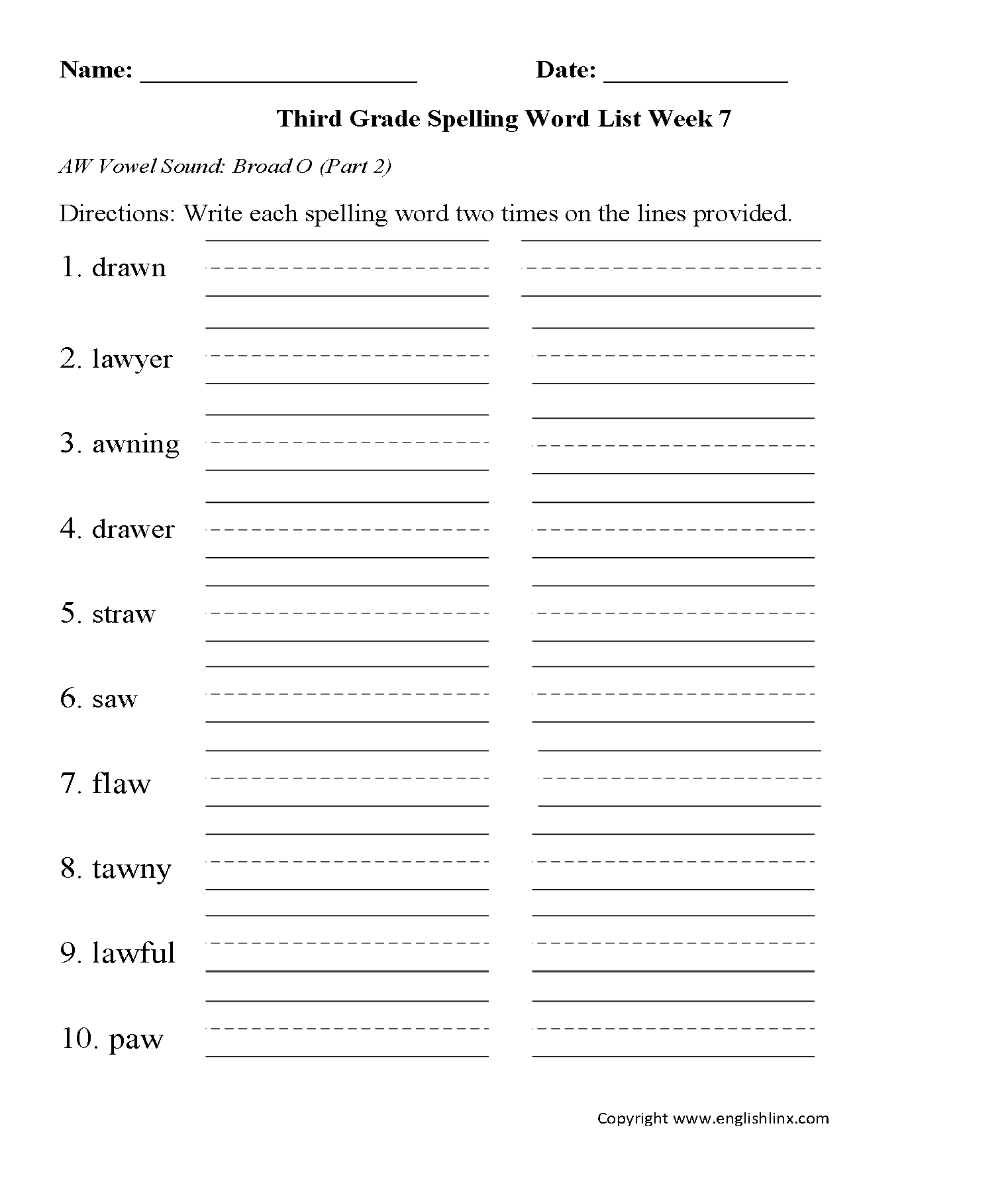Week 4 AW Vowel Part 2 Third Grade Spelling Words Worksheets