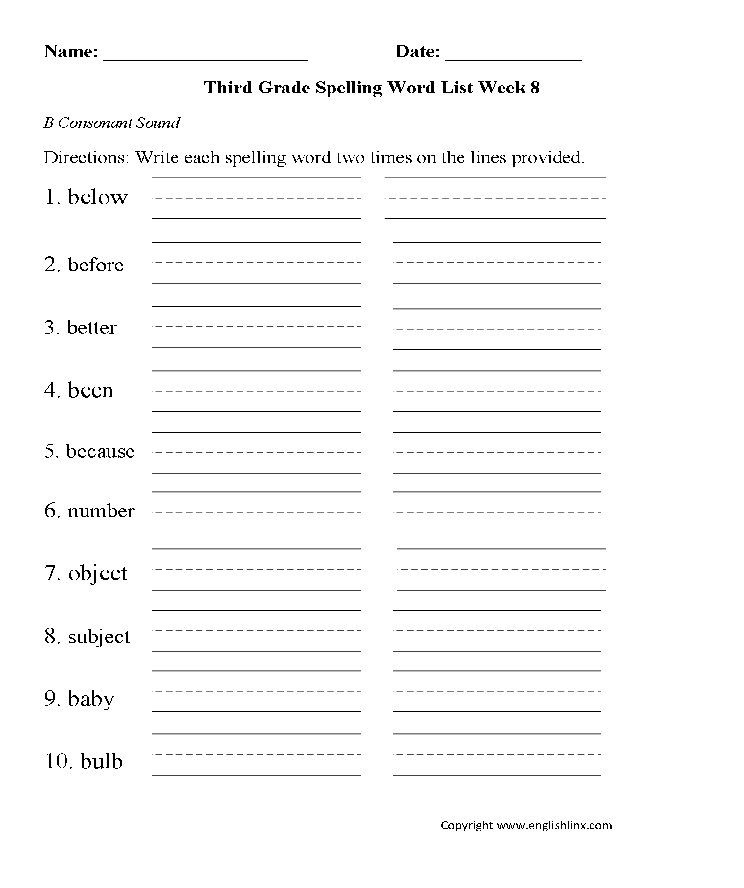 Week 8 B Consonant Third Grade Spelling Words Worksheets