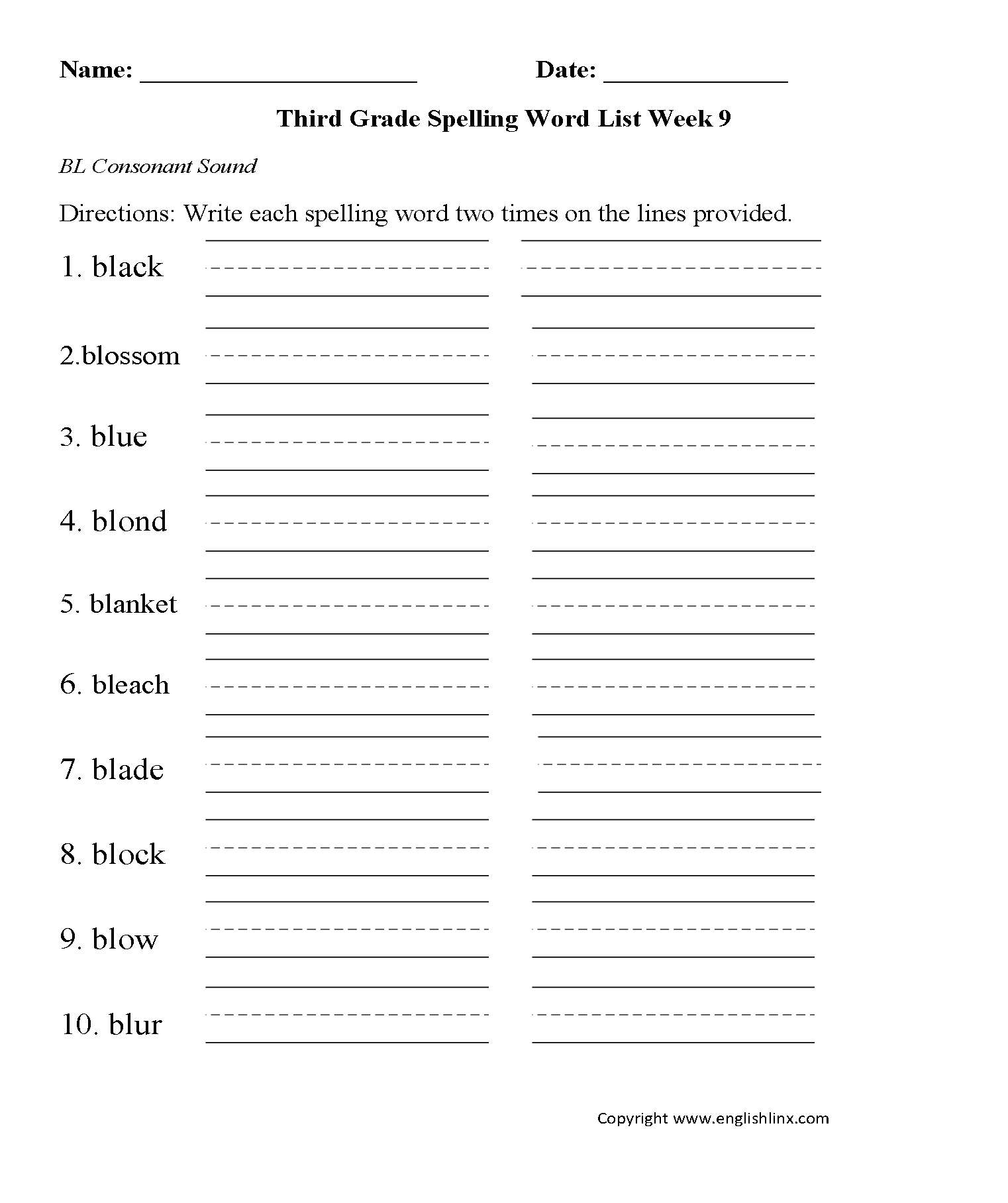 Week 9 BL Consonant Third Grade Spelling Words Worksheets