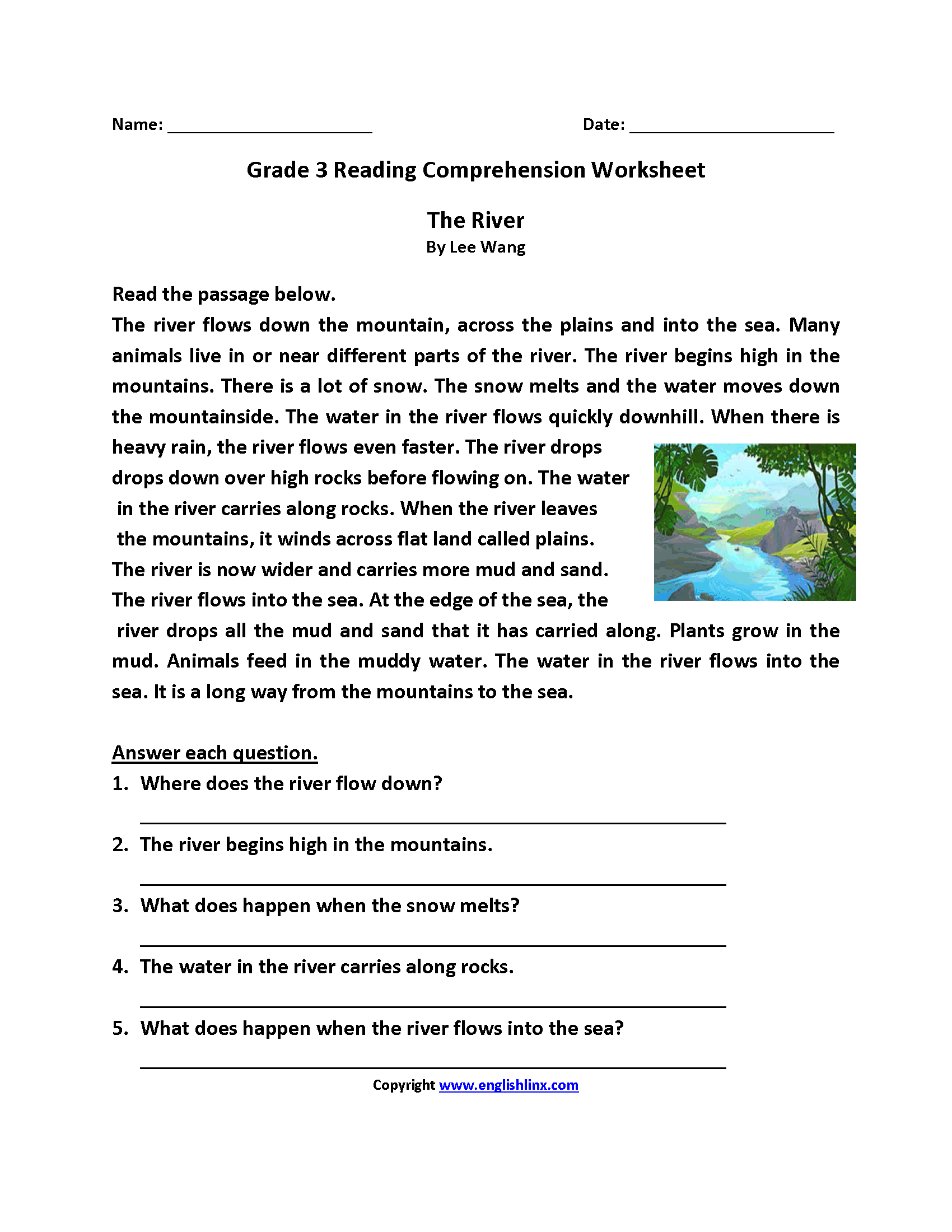 The River Third Grade Reading Worksheets