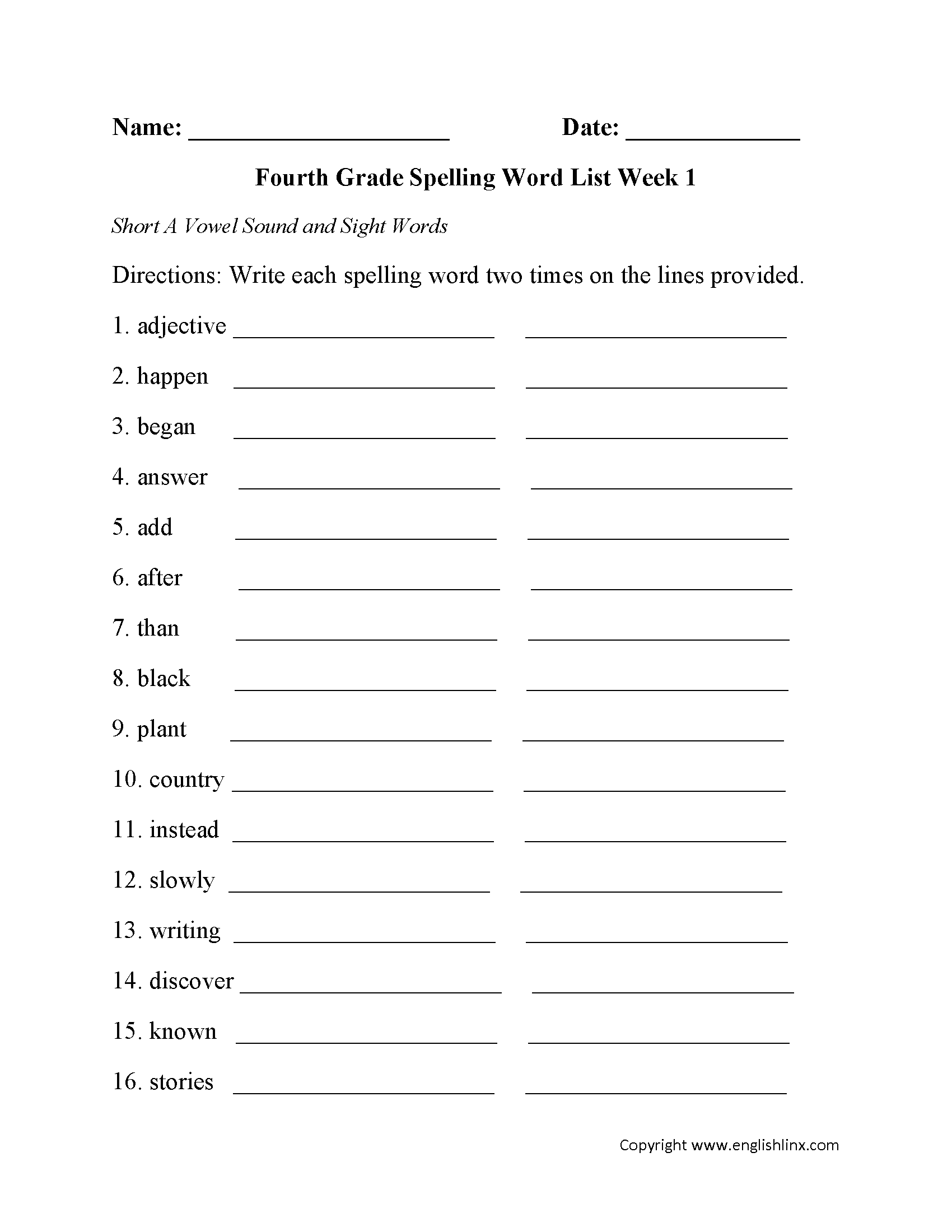 Fourth Grade Spelling Words Worksheets