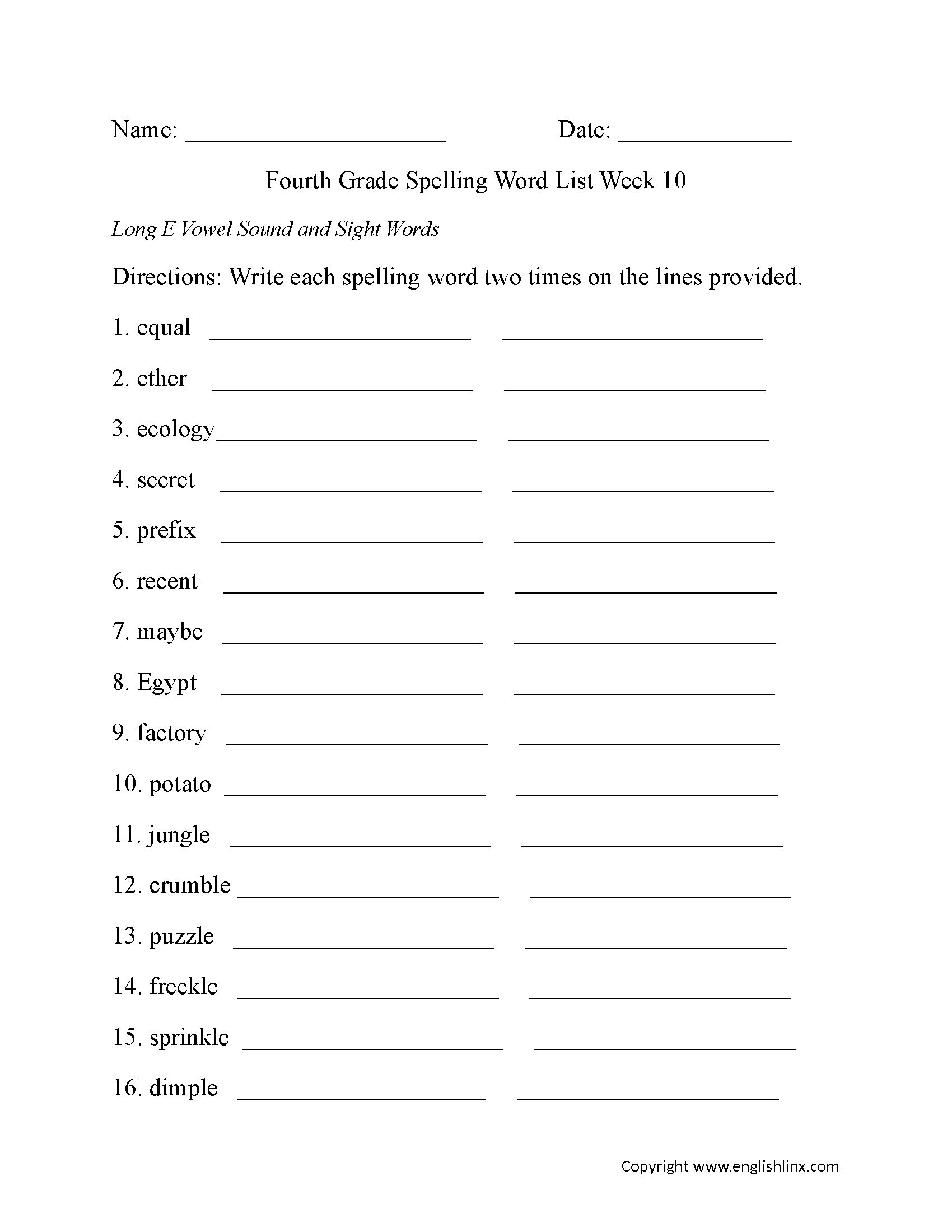 Week 10 Long E Vowel and Sight Words Fourth Grade Spelling Words Worksheets