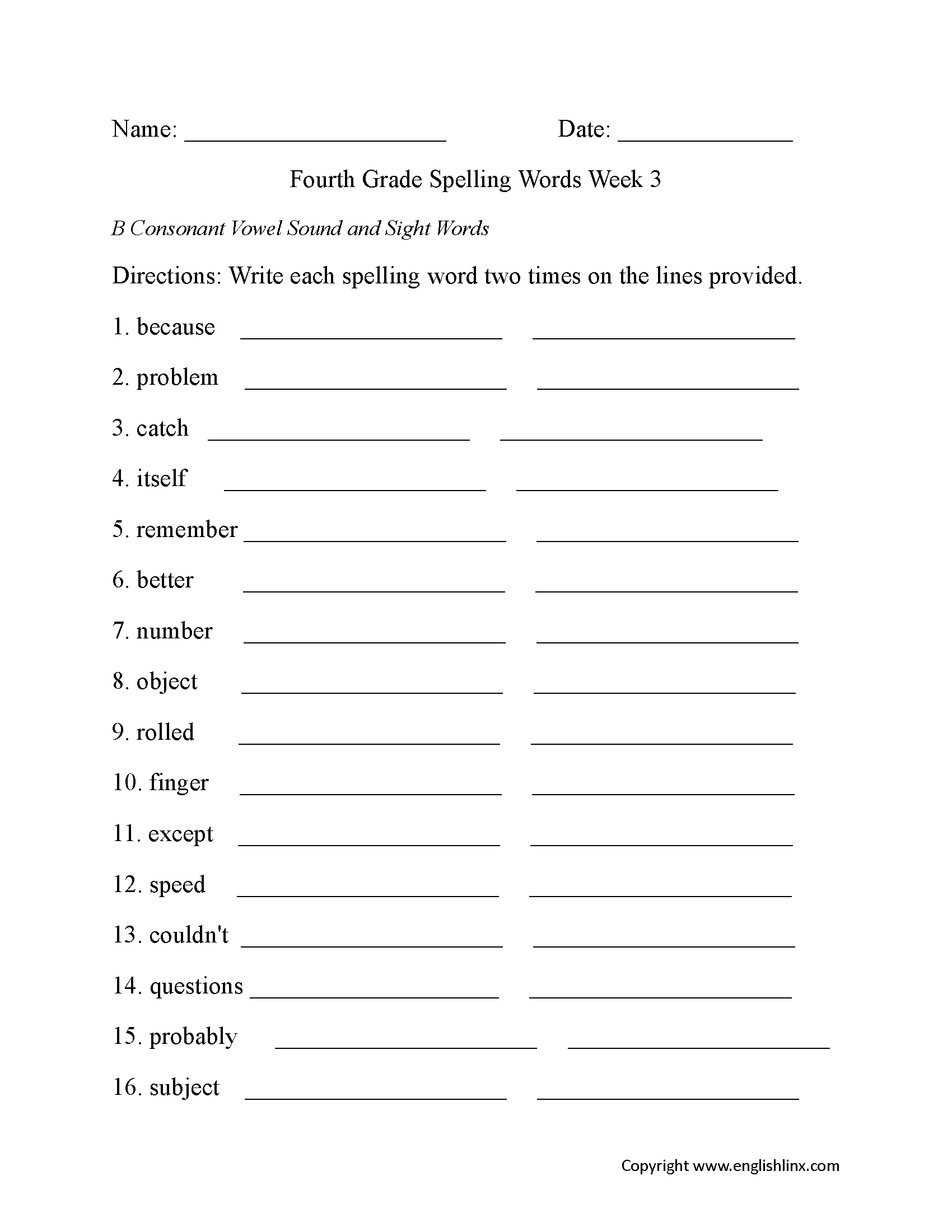 Week 3 B Consonant Fourth Grade Spelling Worksheets